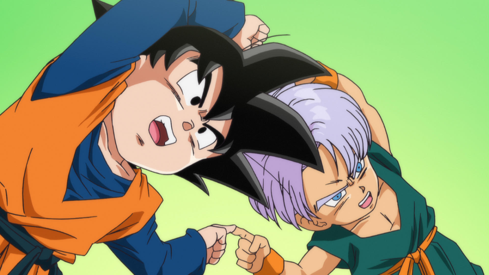 Zwei Anime-Jungen mit spitzen Haaren stoßen Finger zusammen, vor hellem Hintergrund.