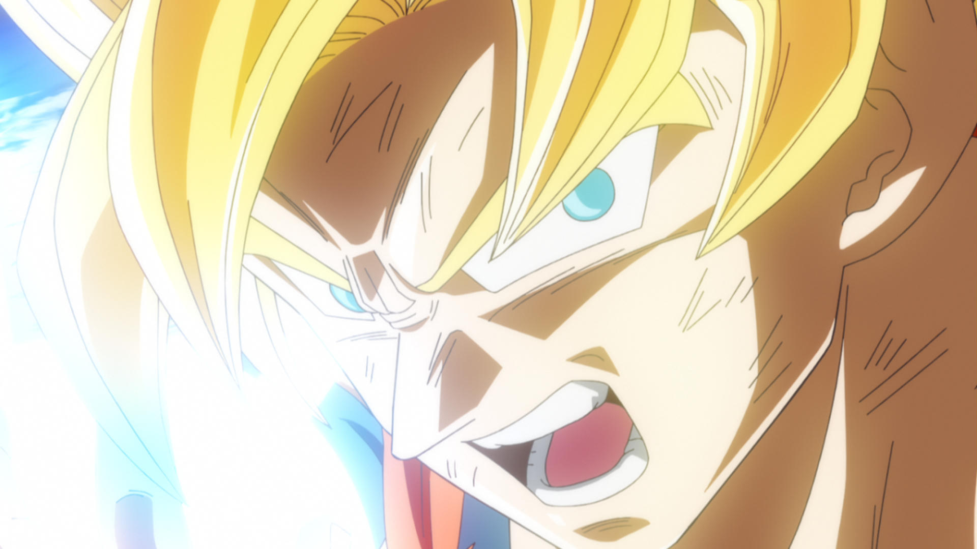 Anime-Charakter mit leuchtend blauen Augen und goldenen Haaren, der Energie sammelt.