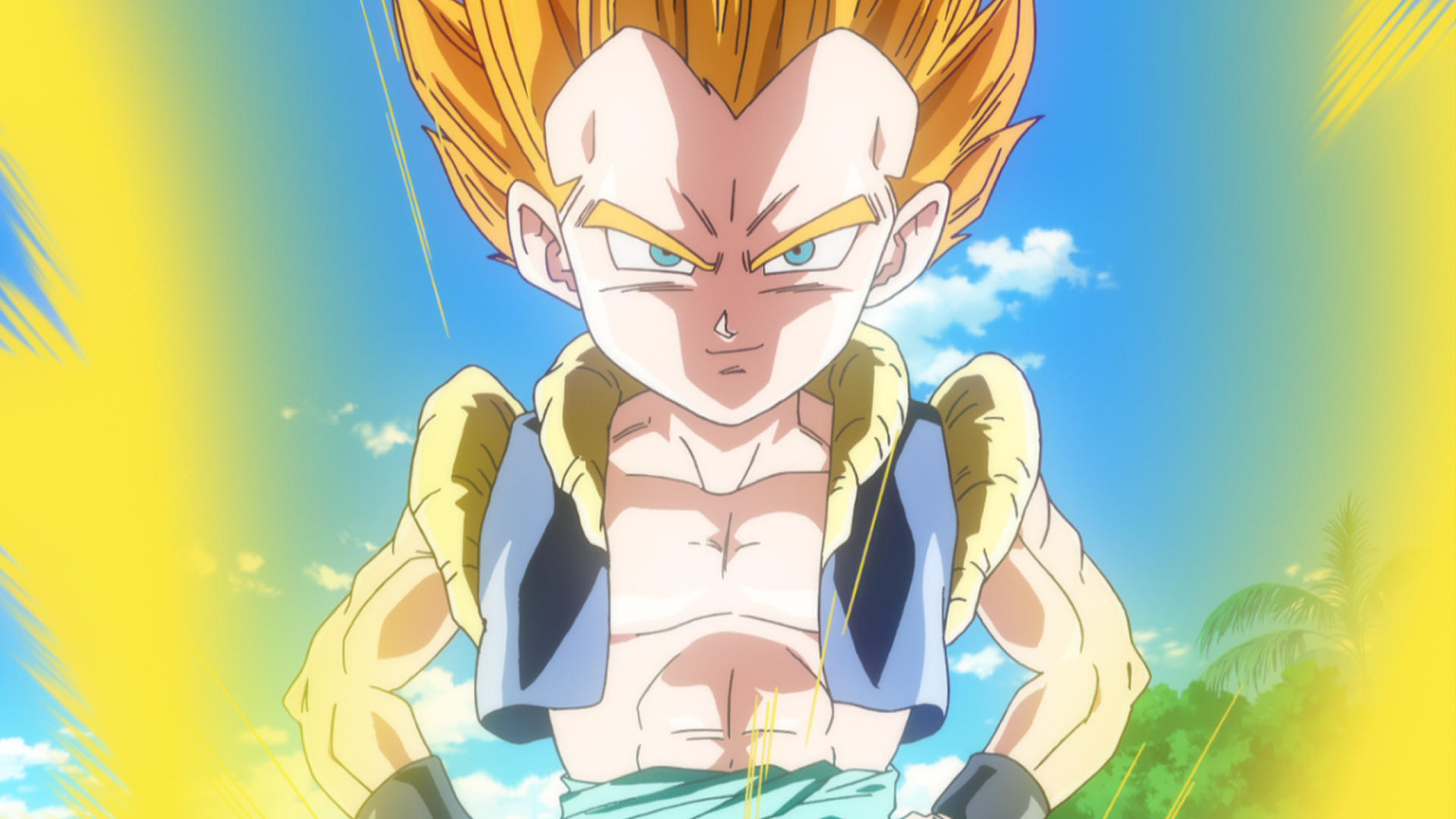 Gotenks mit gelben Haaren steht vor einem blauen Himmel mit Wolken und Palmen.