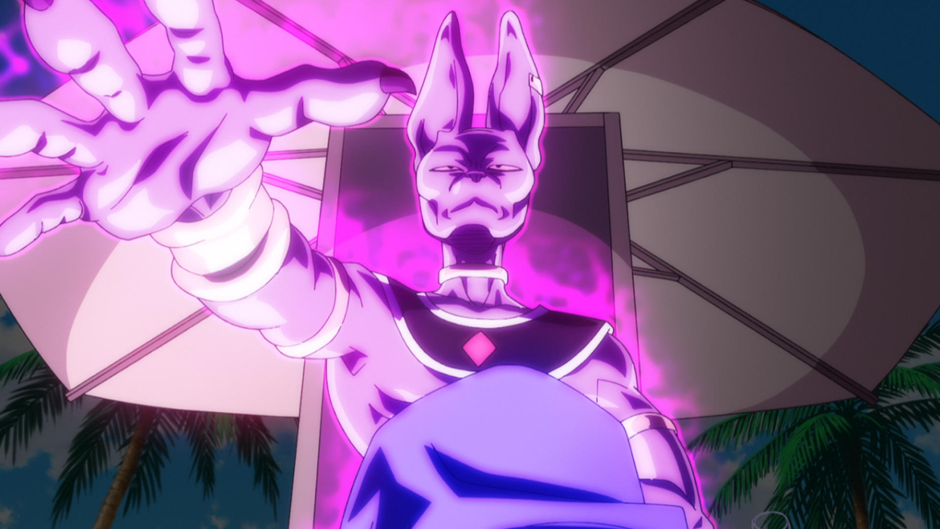 Lila Energie umgibt den lila-farbenen Gott Beerus, der auf einem Stuhl sitzt.