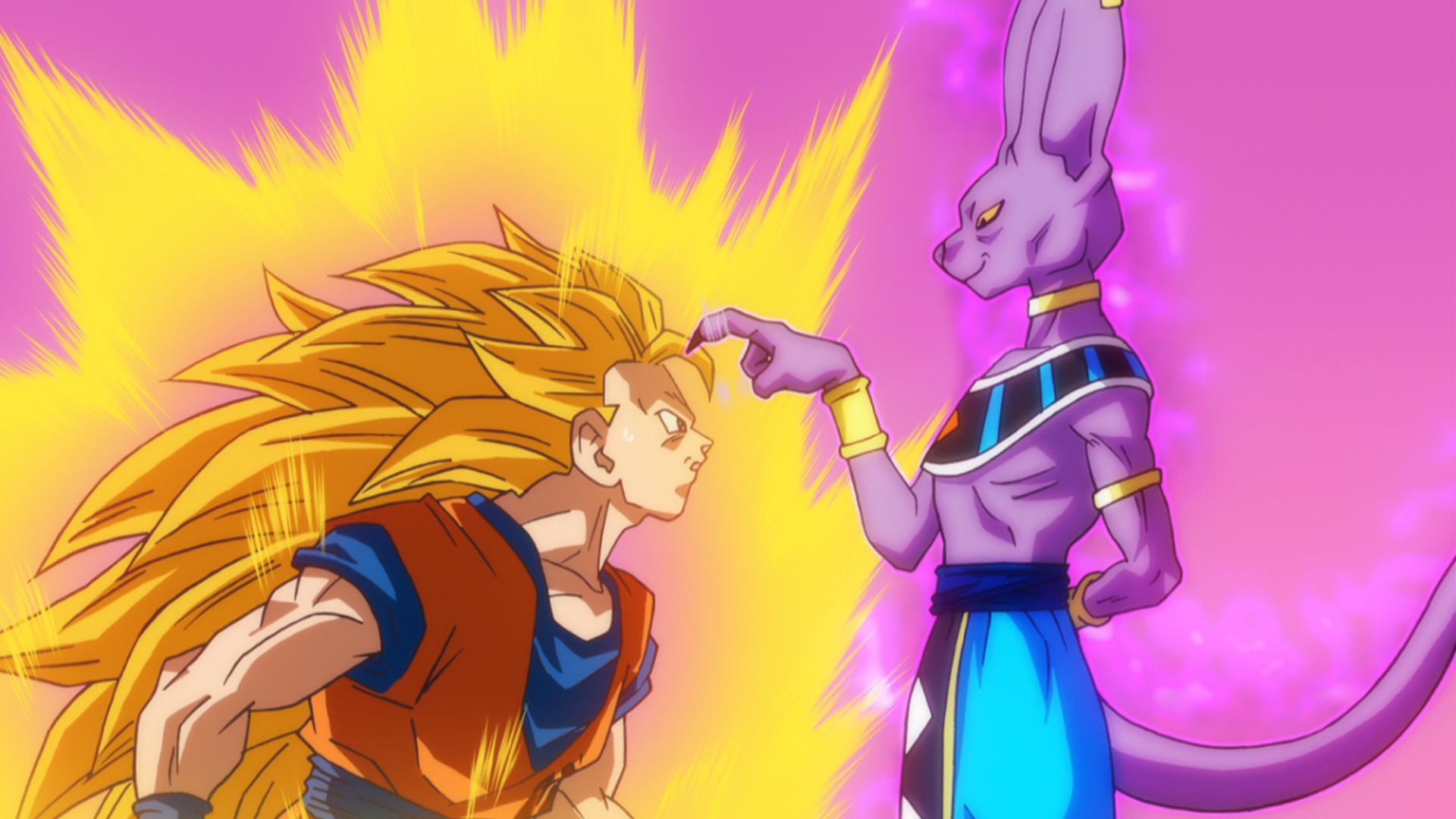 Goku mit gelben Haaren und Beerus mit lila Haut stehen sich gegenüber.