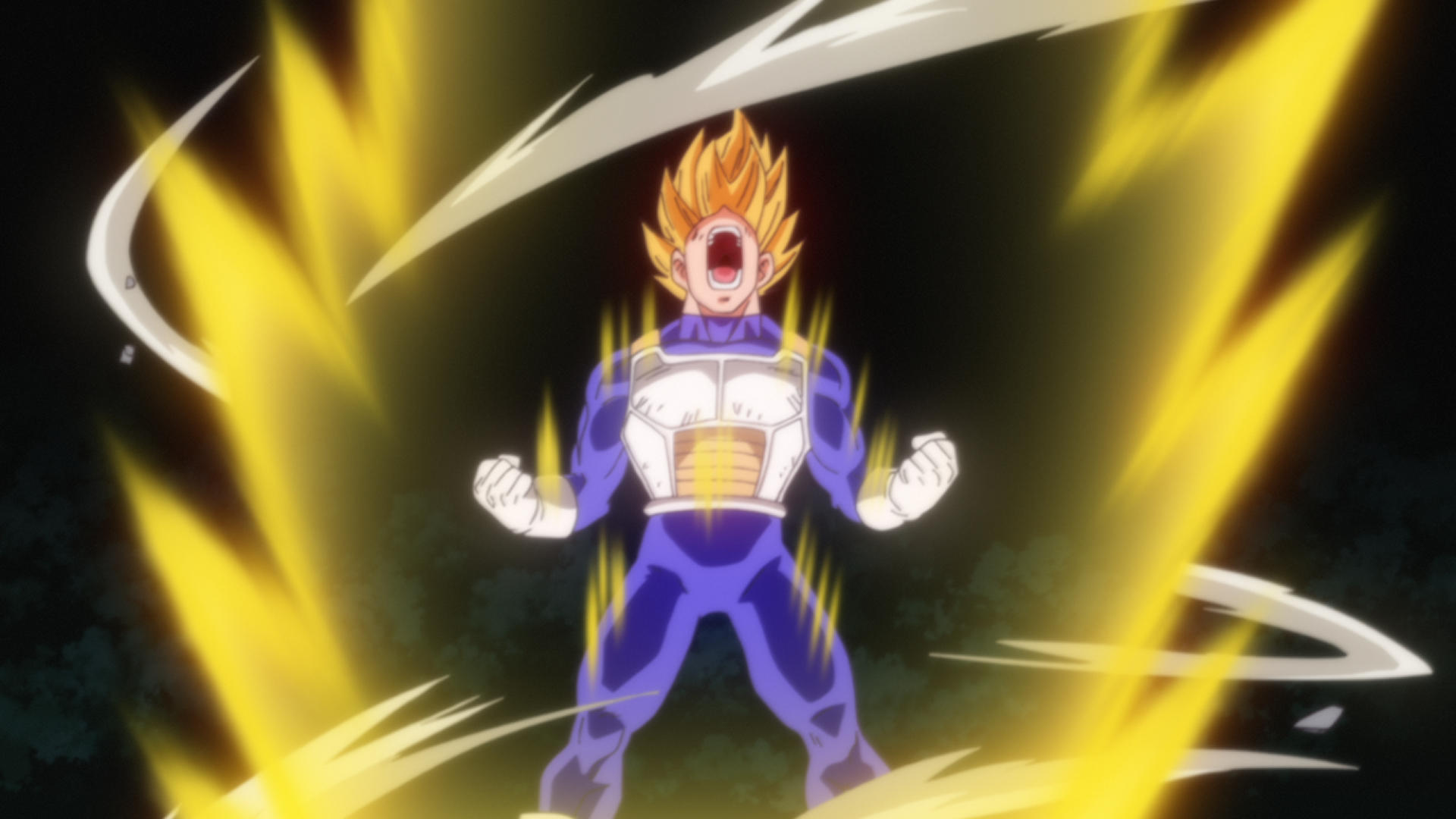 Vegeta mit gelber Aura schreit, trägt blaue Rüstung mit weißen Akzenten.