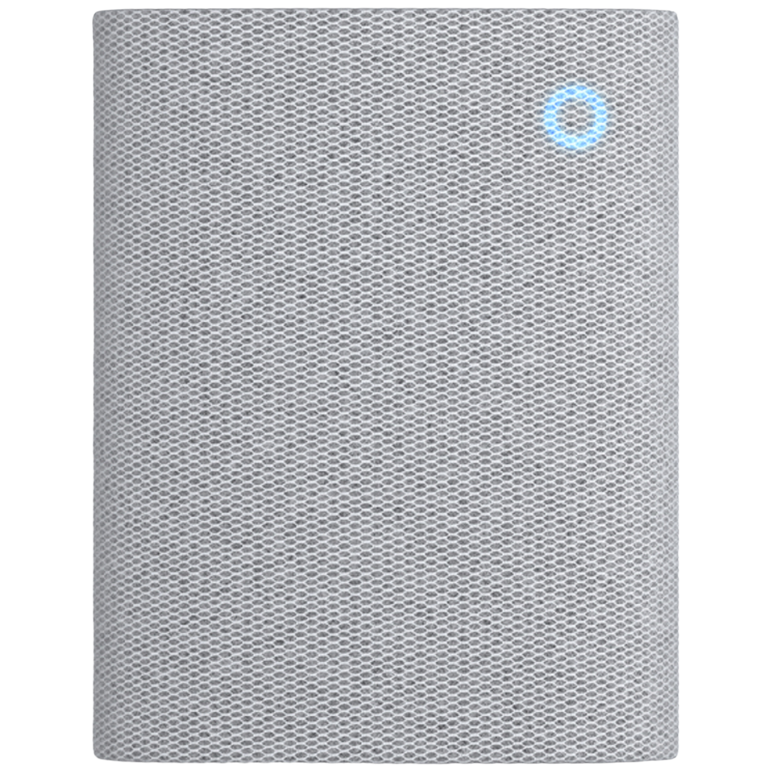 Haut-parleur gris avec un anneau lumineux bleu en haut à droite.