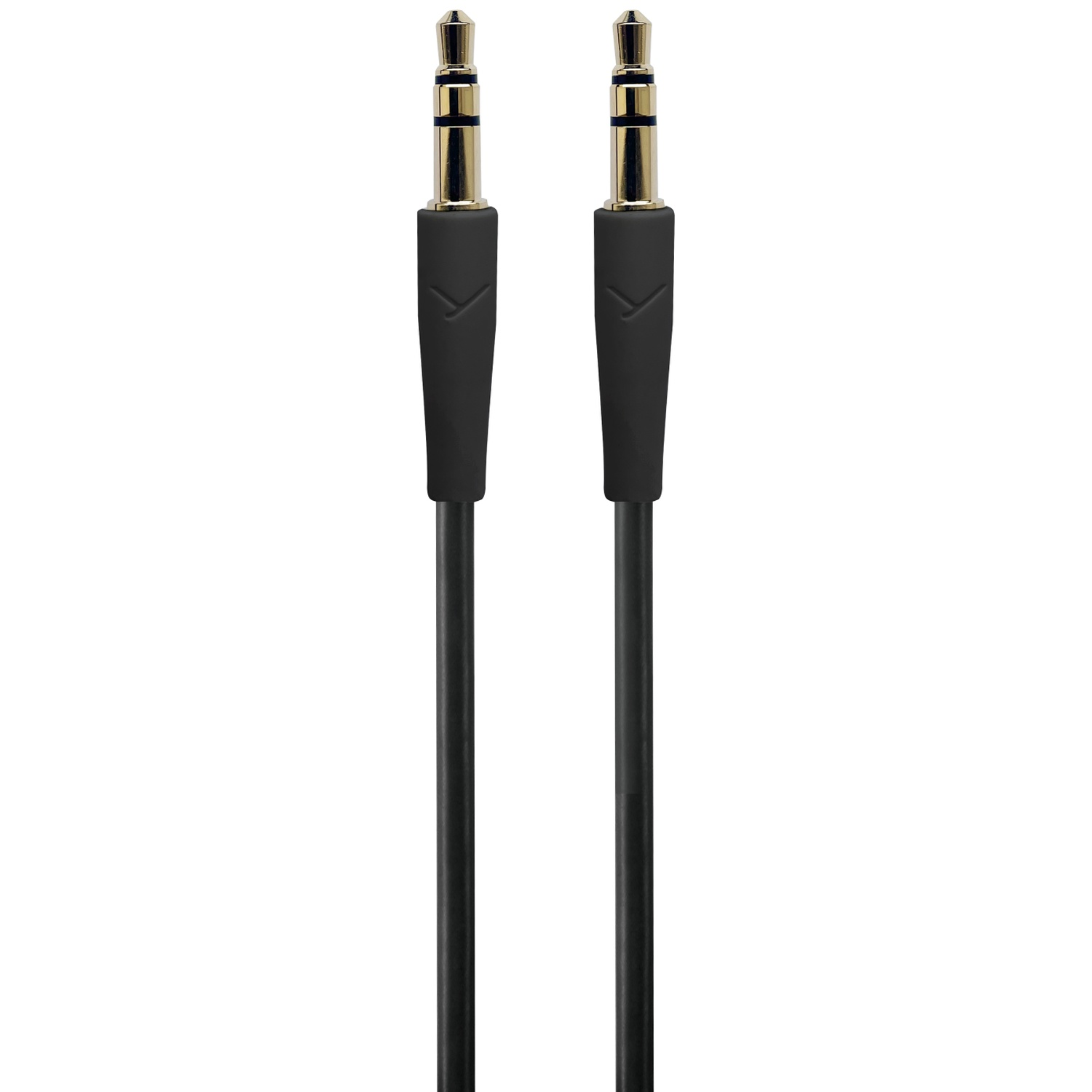 Two black audio cables with gold plugs, side-by-side on a white background.