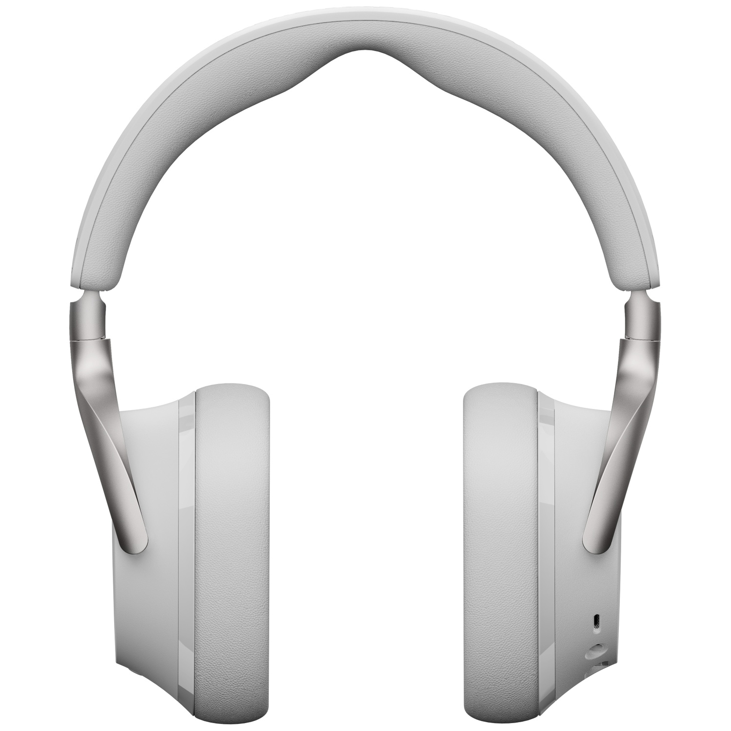 Casque blanc circum-aural avec des accents argentés sur fond blanc.