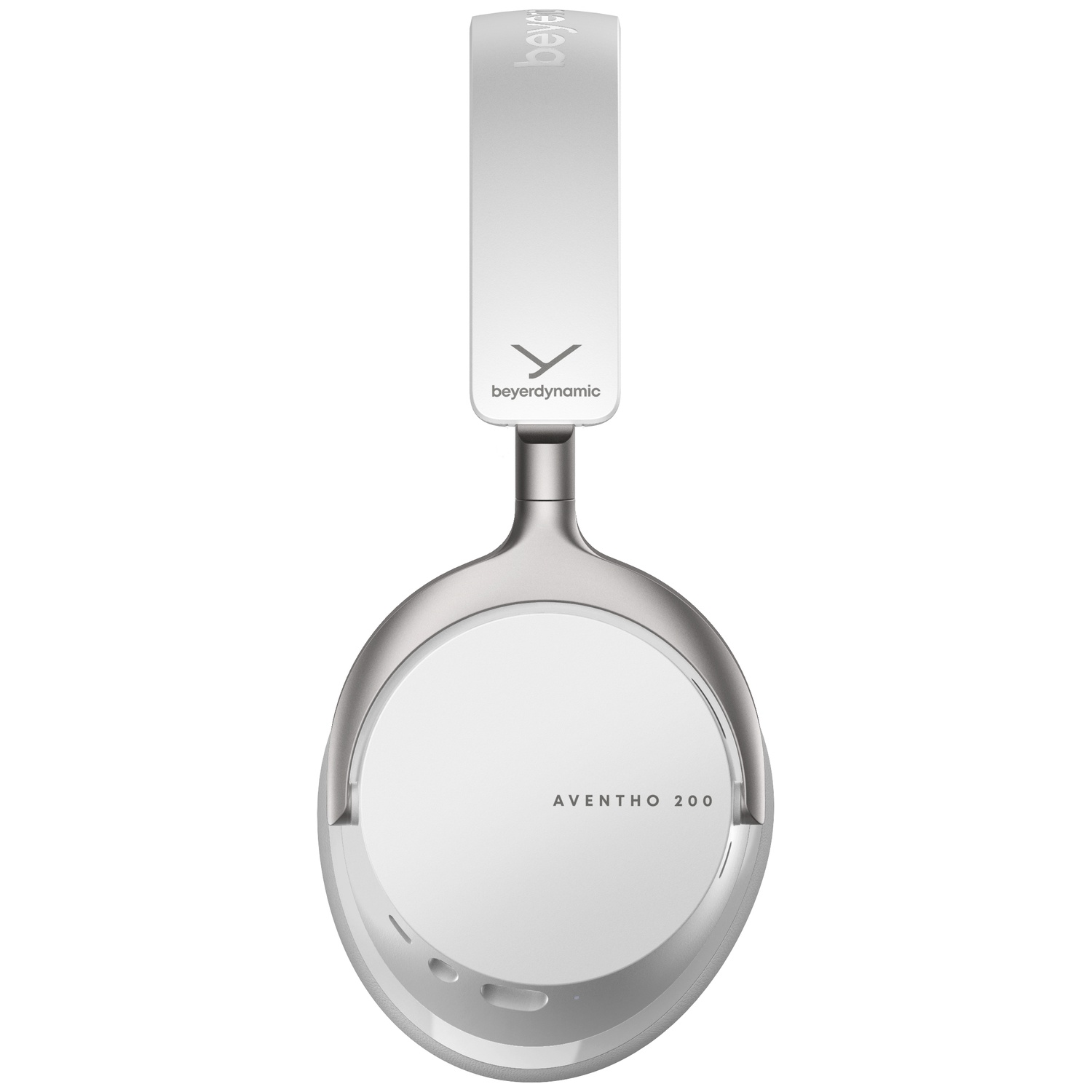 Casque blanc avec arceau argenté et logo Beyerdynamic.