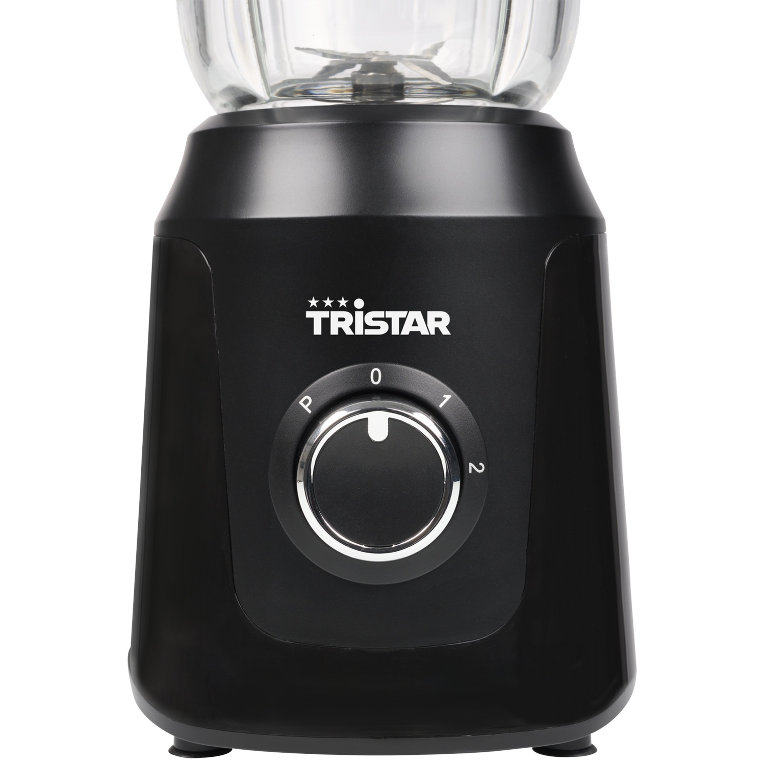 Black blender with glass jar and a rotary knob with settings 0, 1, 2, and P.