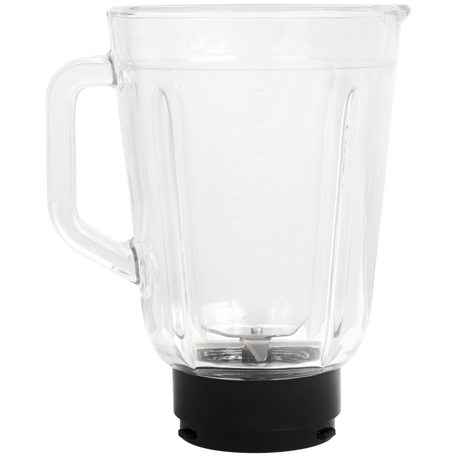 An empty glass blender jar with a black base and measurement markings.