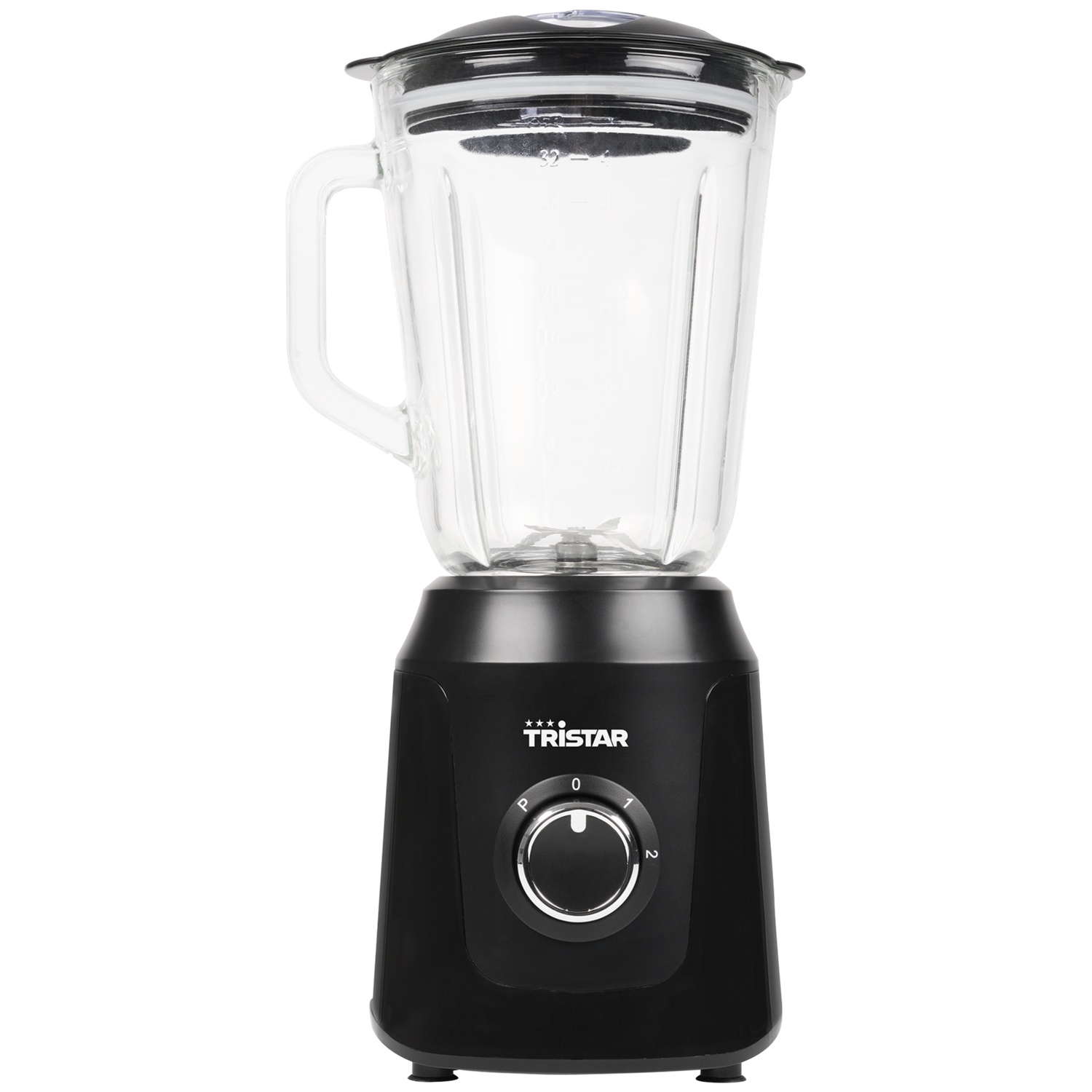Black blender with glass jug and black lid. Controls on the front.