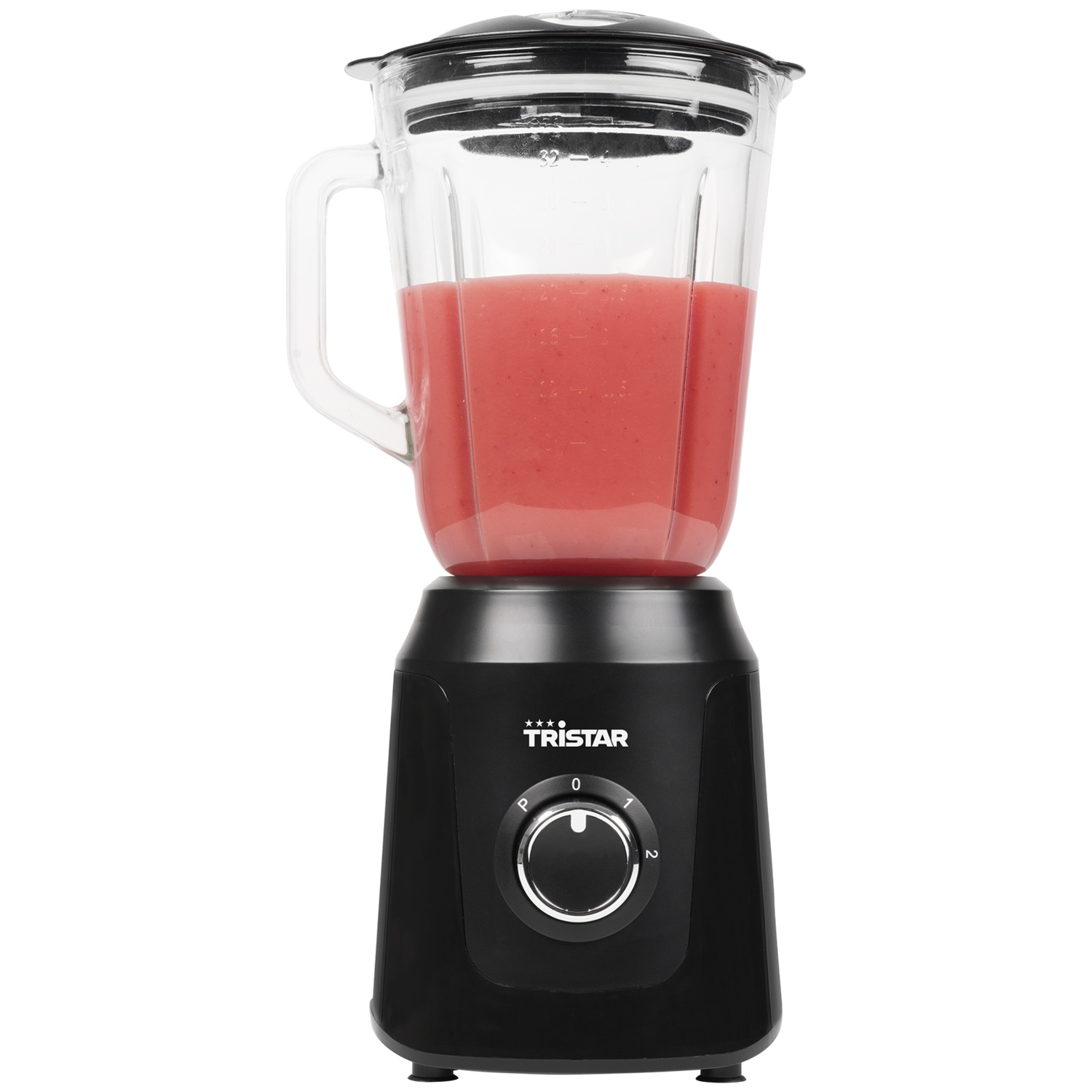 A black blender with a glass jug, filled with a pink smoothie.
