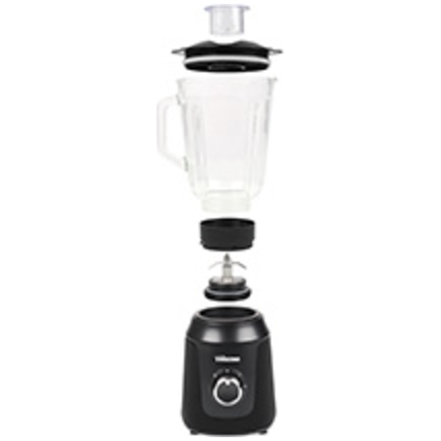 A disassembled black blender with a glass jar and lid.