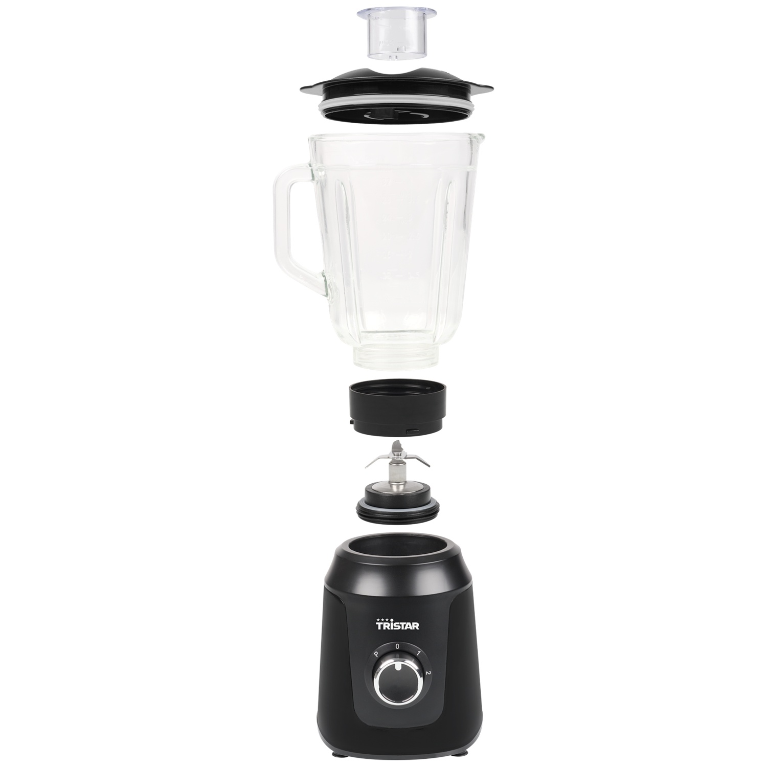 A disassembled black blender with glass jar, lid, and blades.