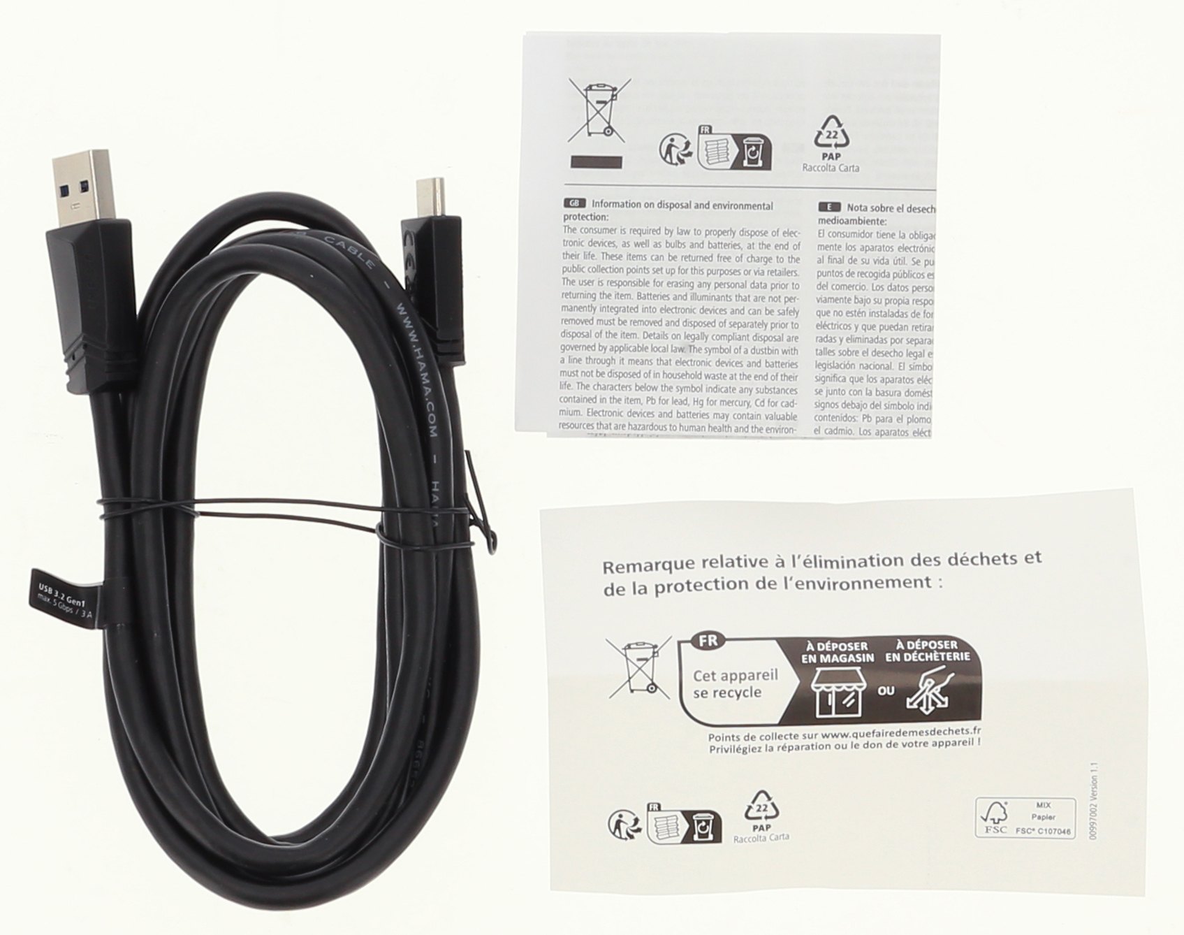 Tip-A ve Micro-USB konnektörlü siyah USB kablosu. İngilizce, Fransızca, İspanyolca metin.