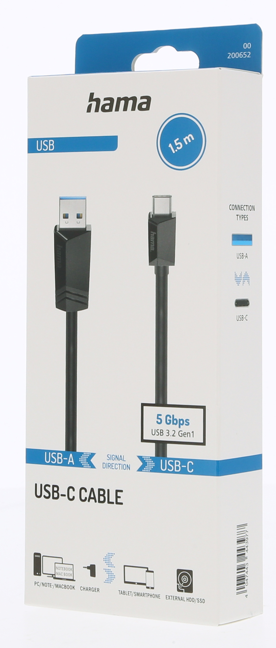 Hama USB-C kablo 1,5m, USB-A - USB-C, 5Gbps, PC, tablet, HDD için.