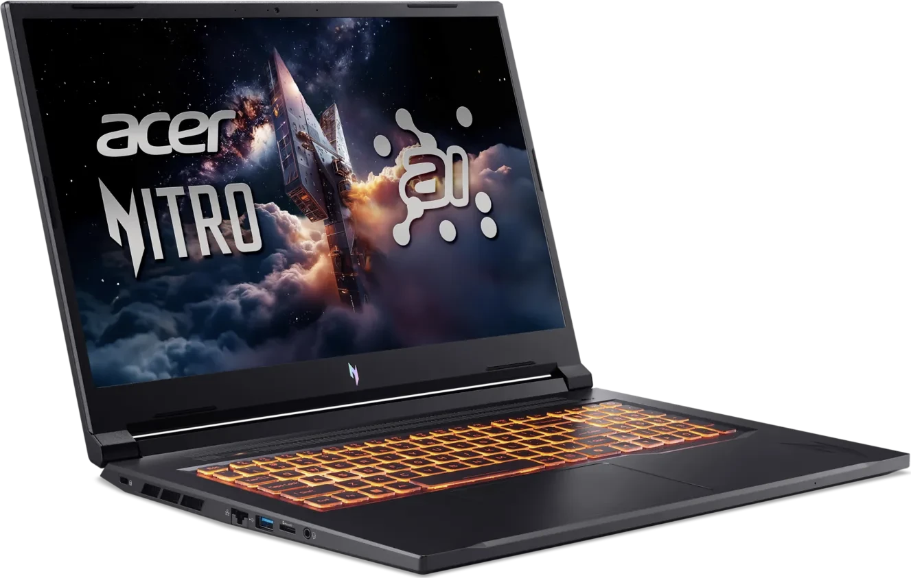 Acer Nitro laptop világító billentyűzettel és űrtémájú háttérképpel.
