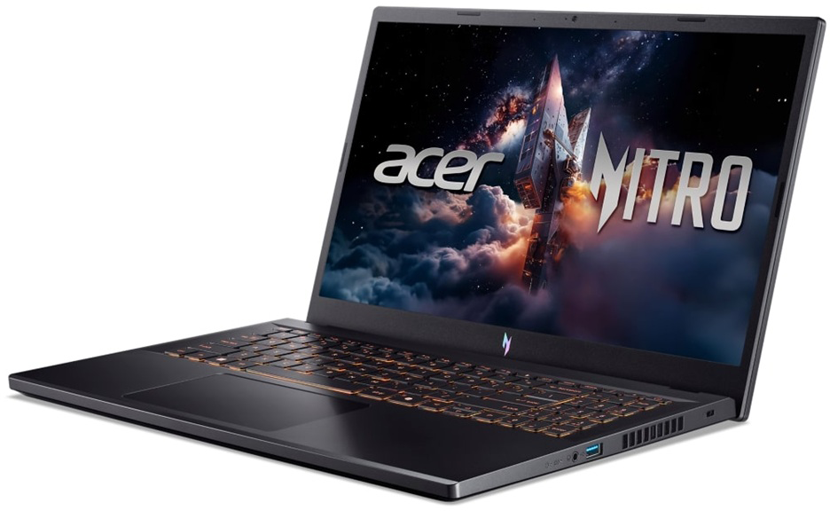 Fekete Acer Nitro laptop világító billentyűzettel és űrtémájú háttérképpel.