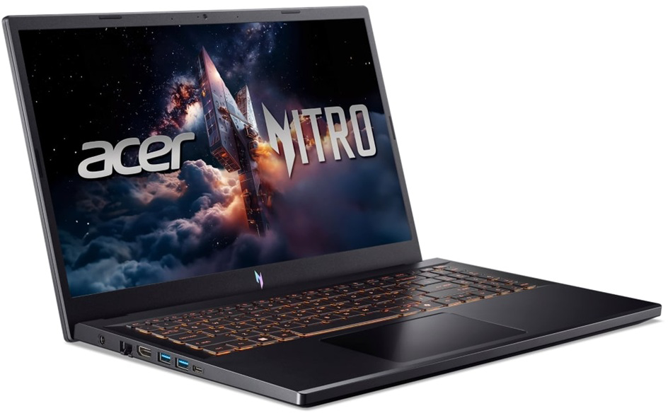 Fekete laptop világító billentyűzettel és űrbéli háttérképpel a képernyőn.