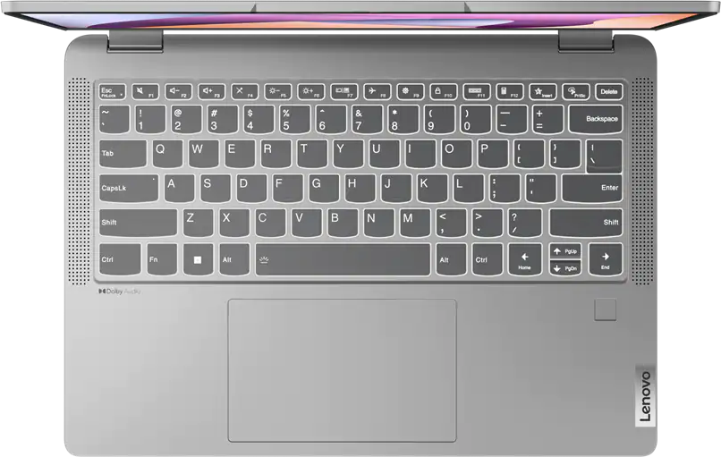 Ezüst Lenovo laptop felülnézetben, világító billentyűzettel és érintőpaddal.