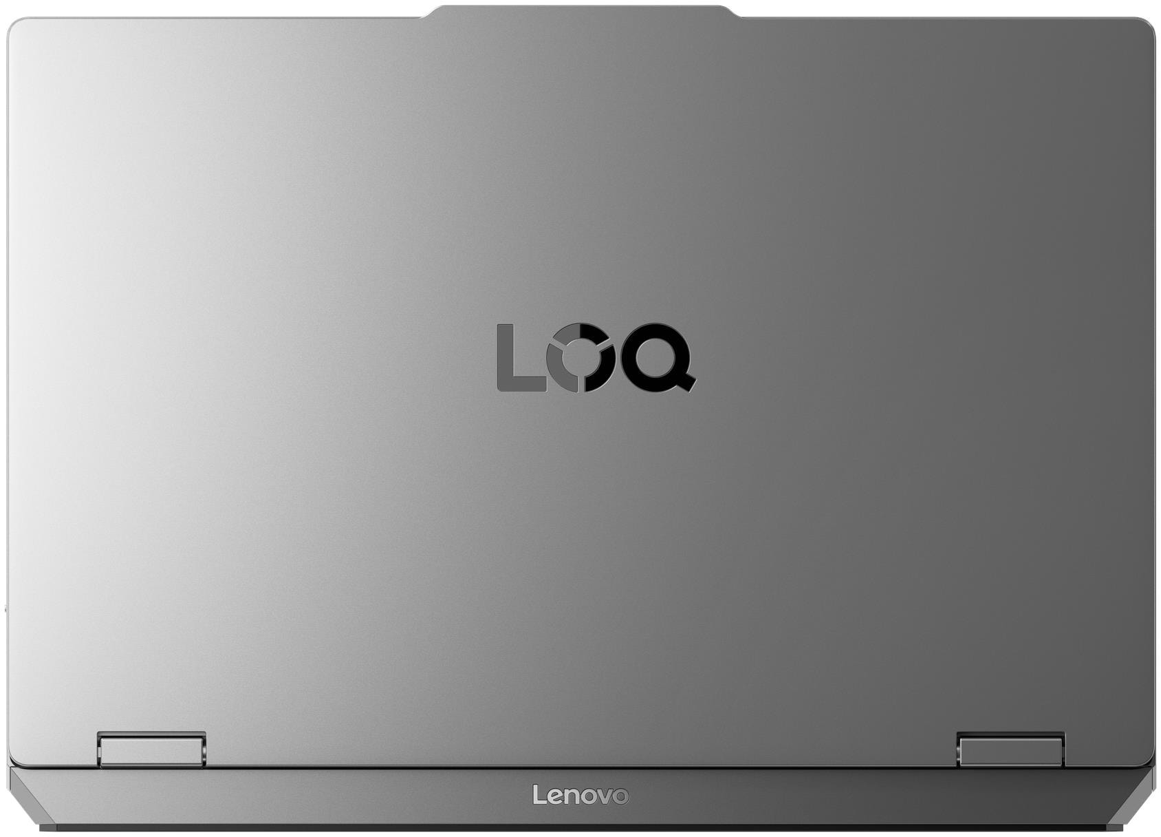 Zárt ezüst laptop "LOQ" logóval és Lenovo felirattal.