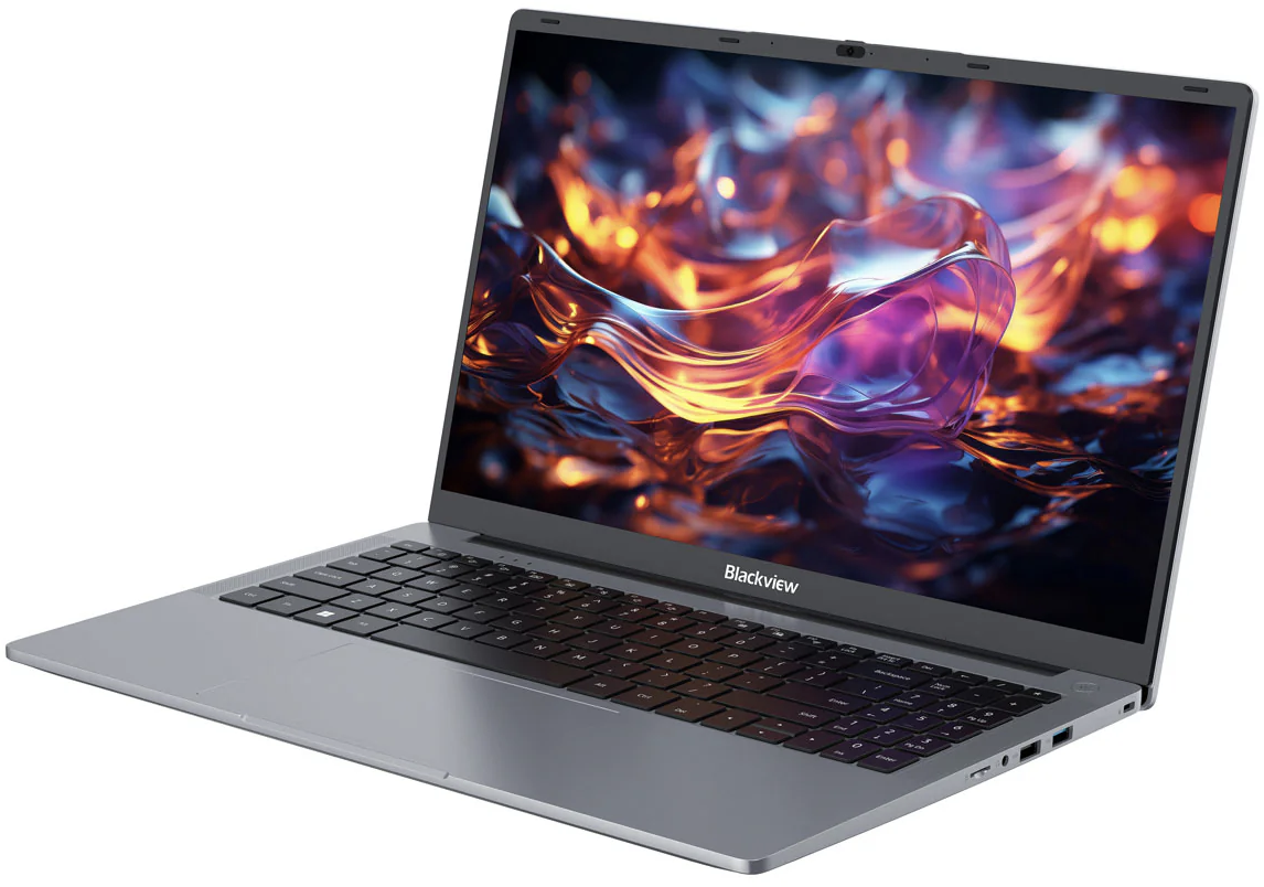 Egy szürke laptop, színes, absztrakt háttérképpel a képernyőn.