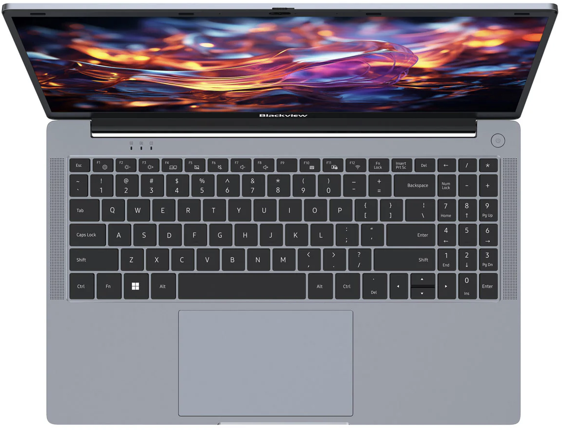 Egy ezüst Blackview laptop nyitva van, színes, absztrakt képernyőt és teljes billentyűzetet mutat.