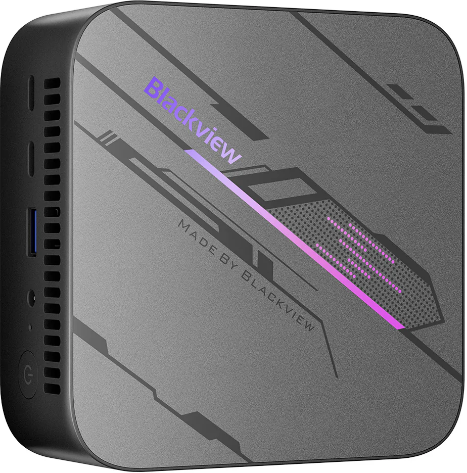 Kompakt, szürke mini PC Blackview logóval és lila díszítéssel.