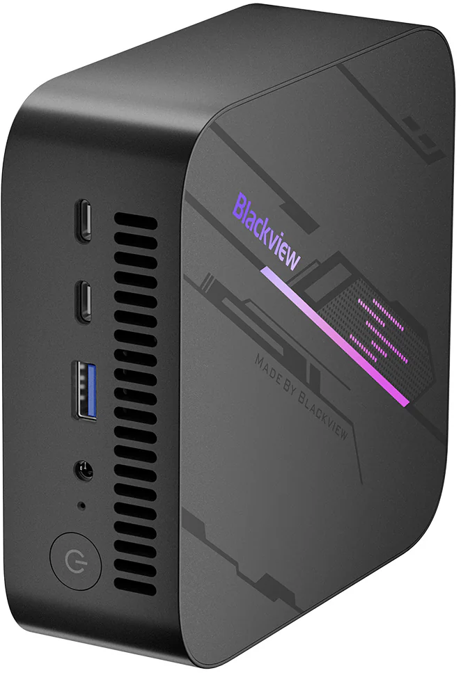 Kompakt fekete mini PC USB portokkal, szellőzőkkel és "Blackview" logóval.