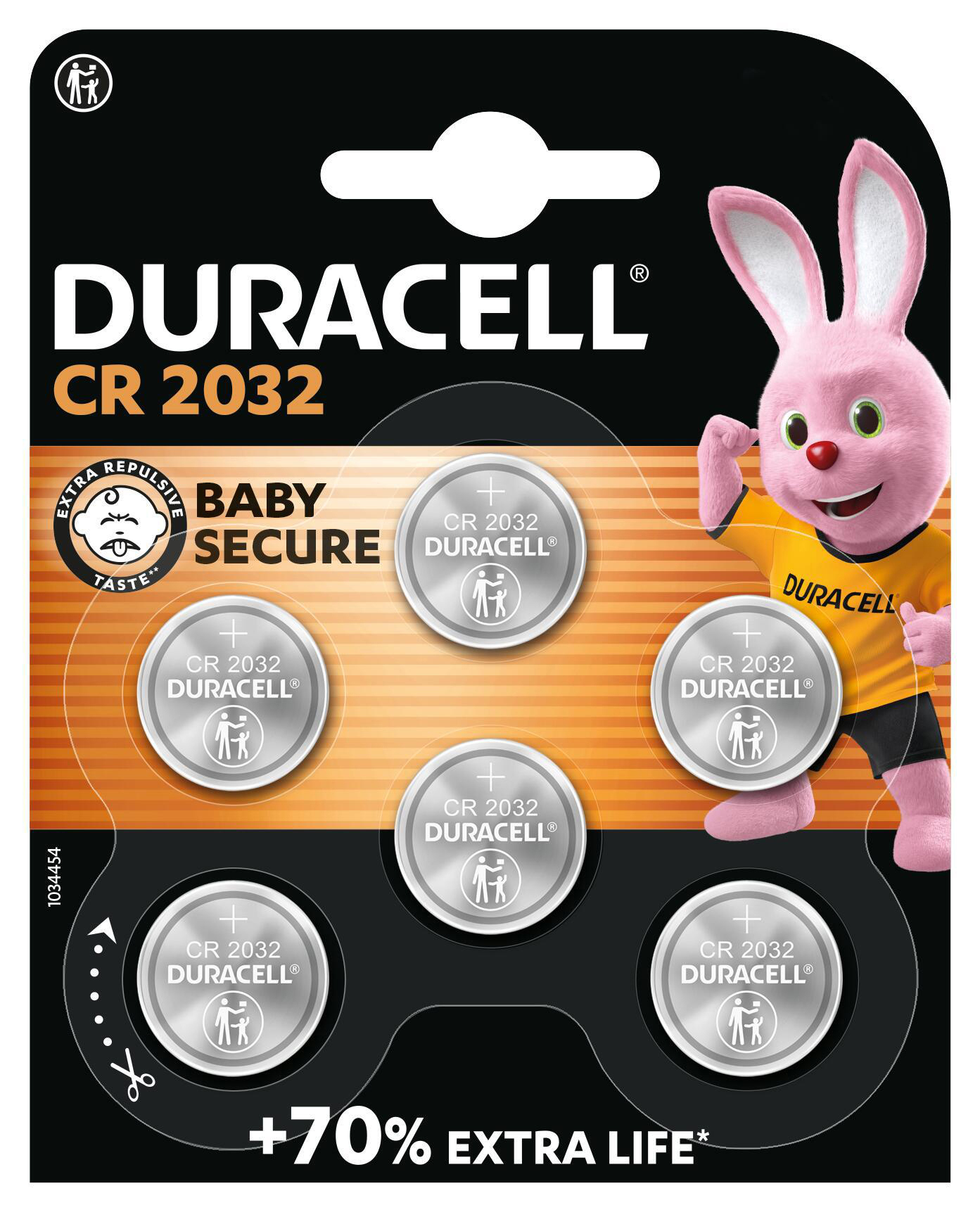 Duracell CR2032 Batterien mit pinkem Hasen und 5 Batterien.