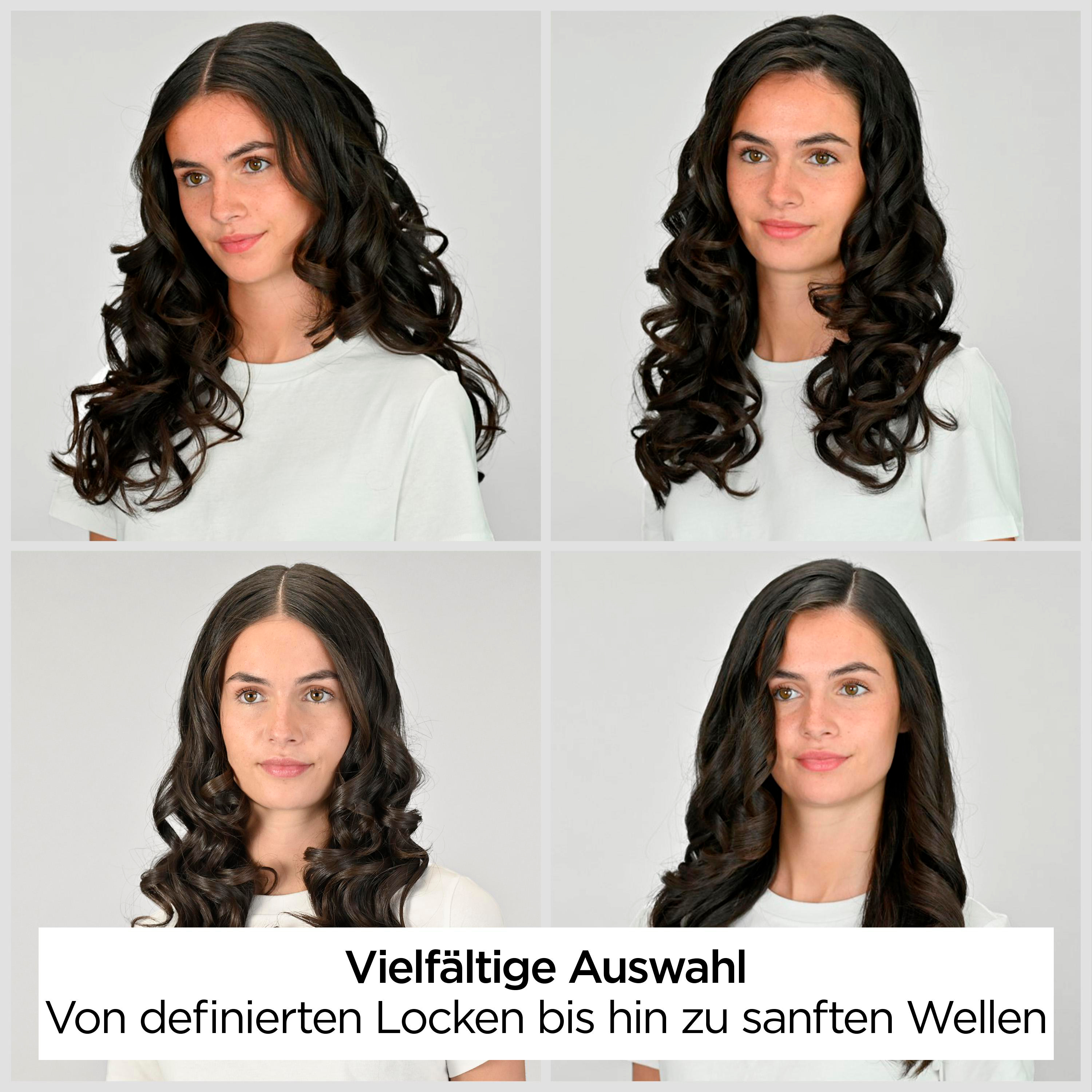 Vier Bilder einer jungen Frau mit dunklen, gewellten Haaren, verschiedene Stylings.