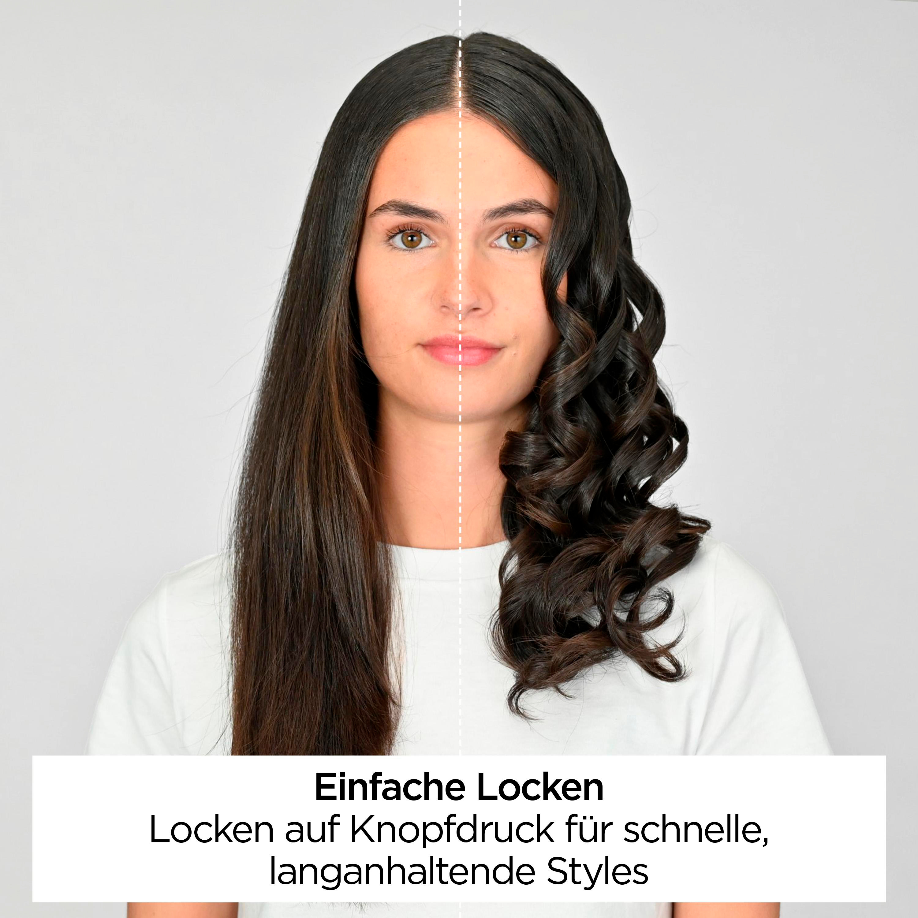 Frau mit glattem Haar links und lockigem Haar rechts. Weißes T-Shirt.