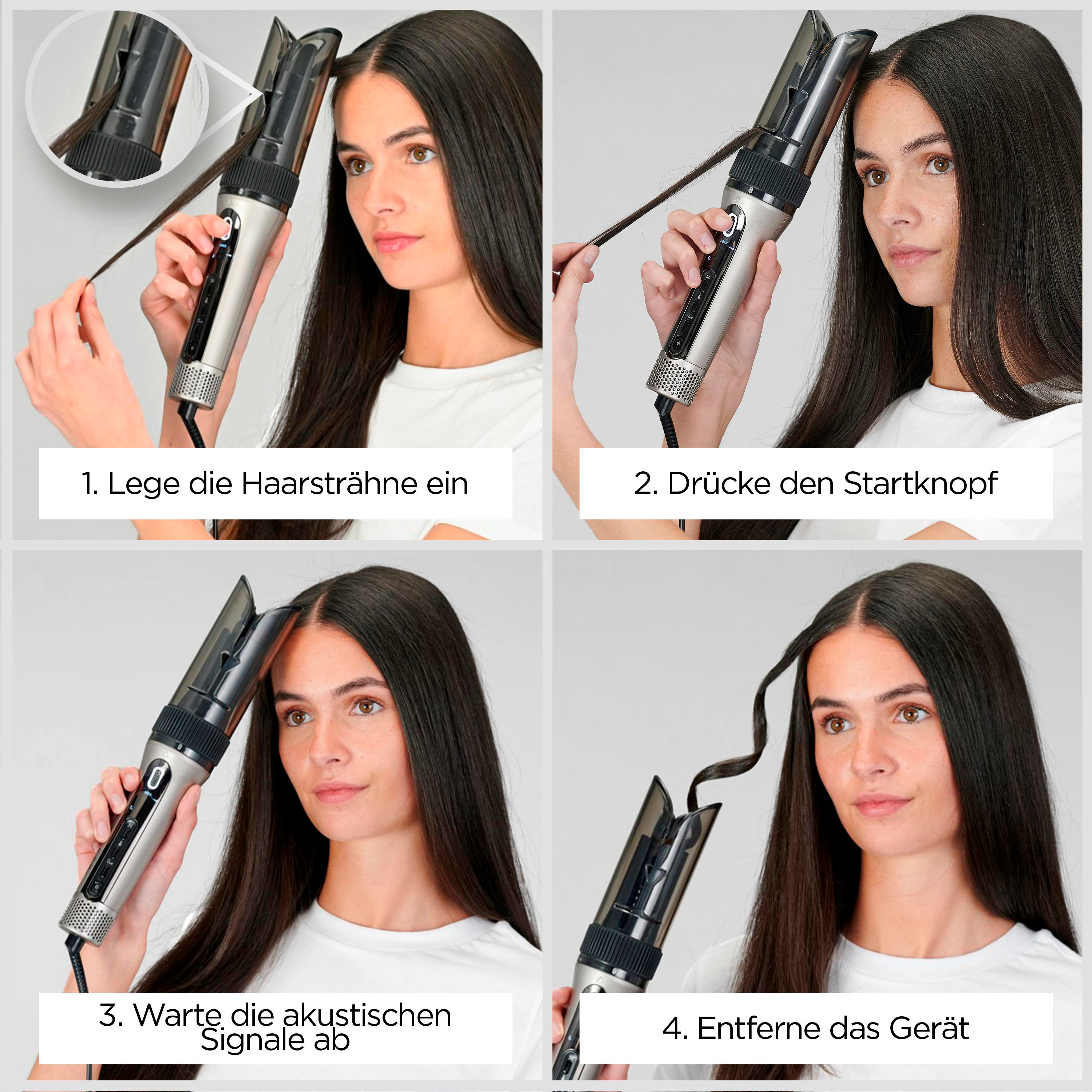 Anleitung zum Haareindrehen: Strähne einlegen, Knopf drücken, warten, Gerät entfernen.