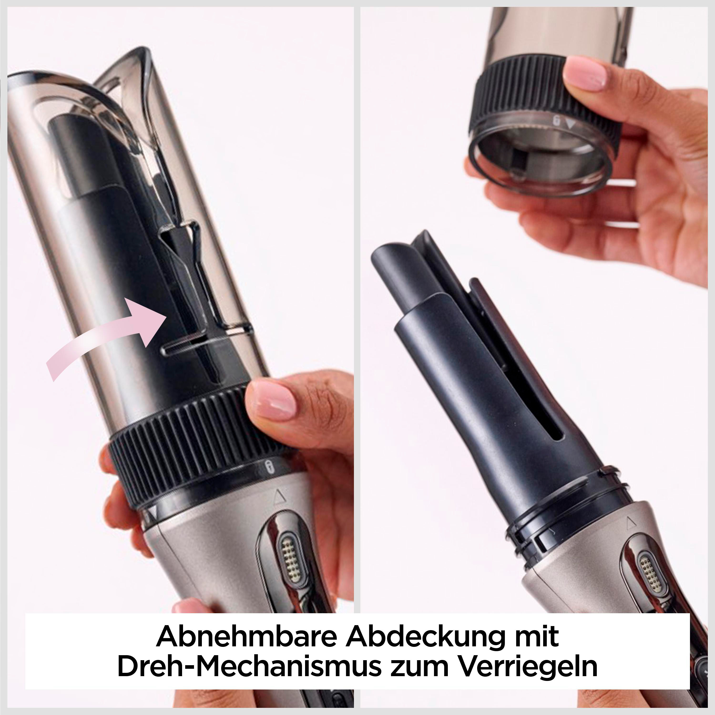 Nahaufnahme eines Haarglätters mit abnehmbarer Abdeckung und Drehmechanismus.