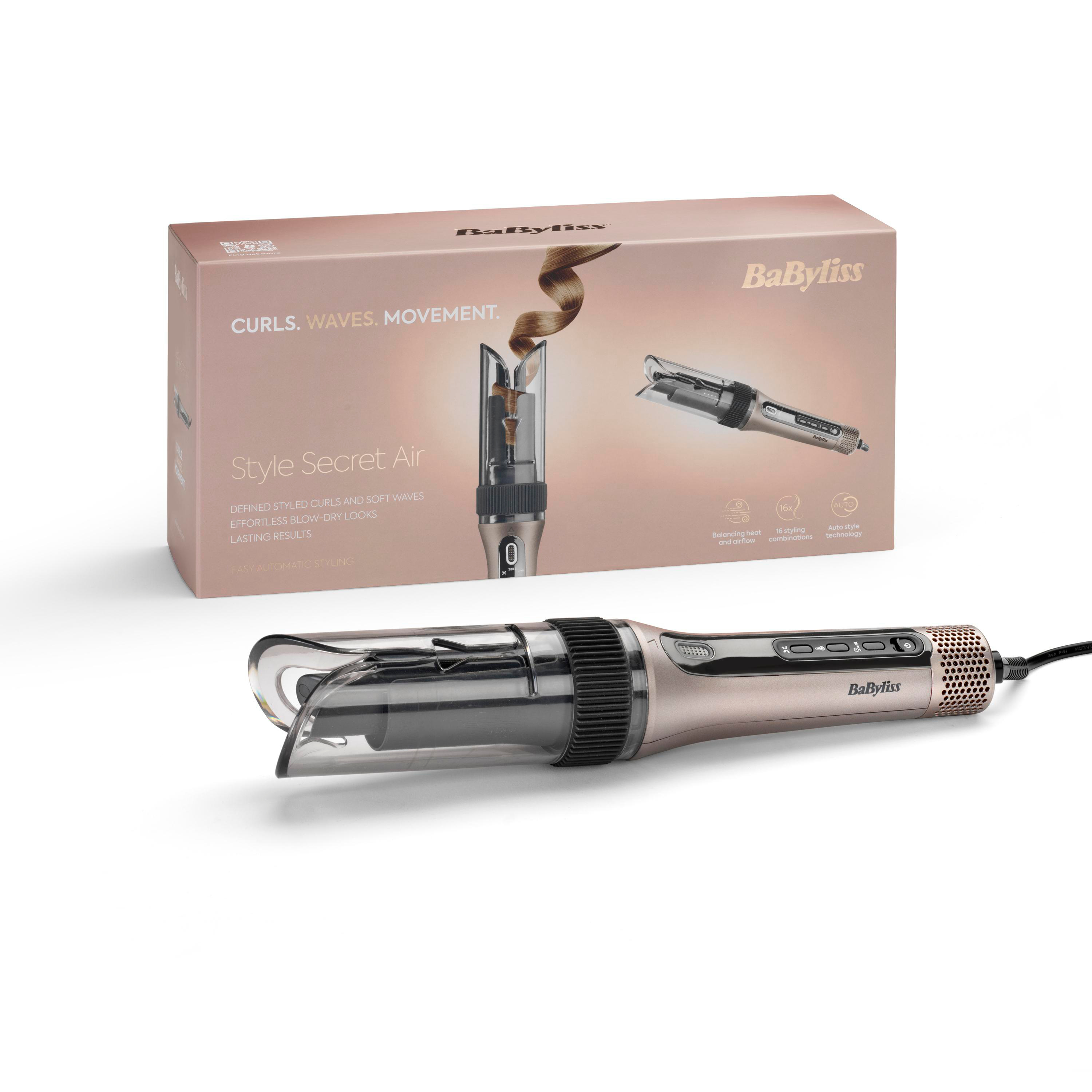 Ein BaByliss Style Secret Air Lockenstab mit Verpackung, auf weißem Hintergrund.