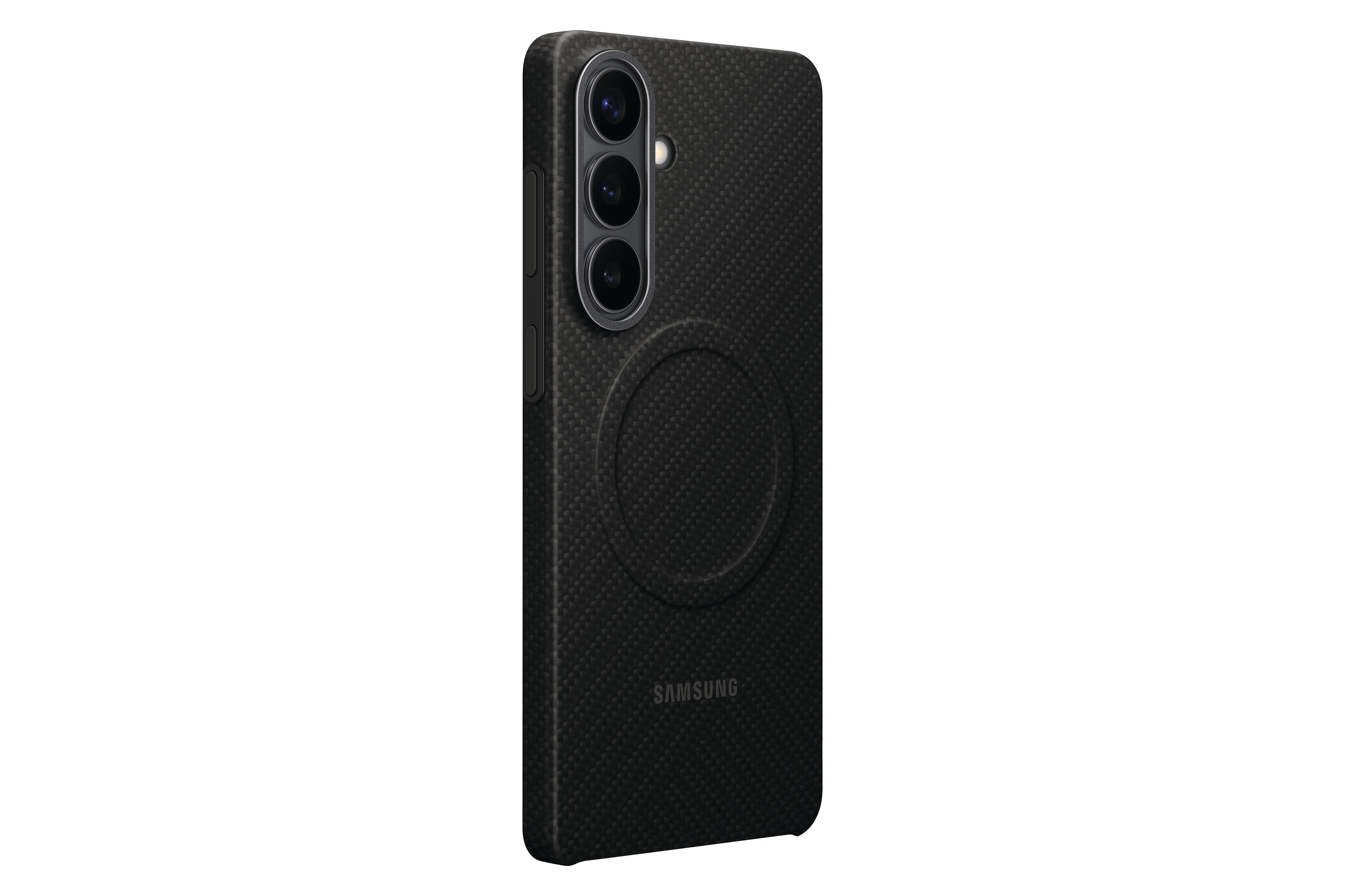 Schwarze Handyhülle mit drei Kameralinsen und Samsung-Logo.