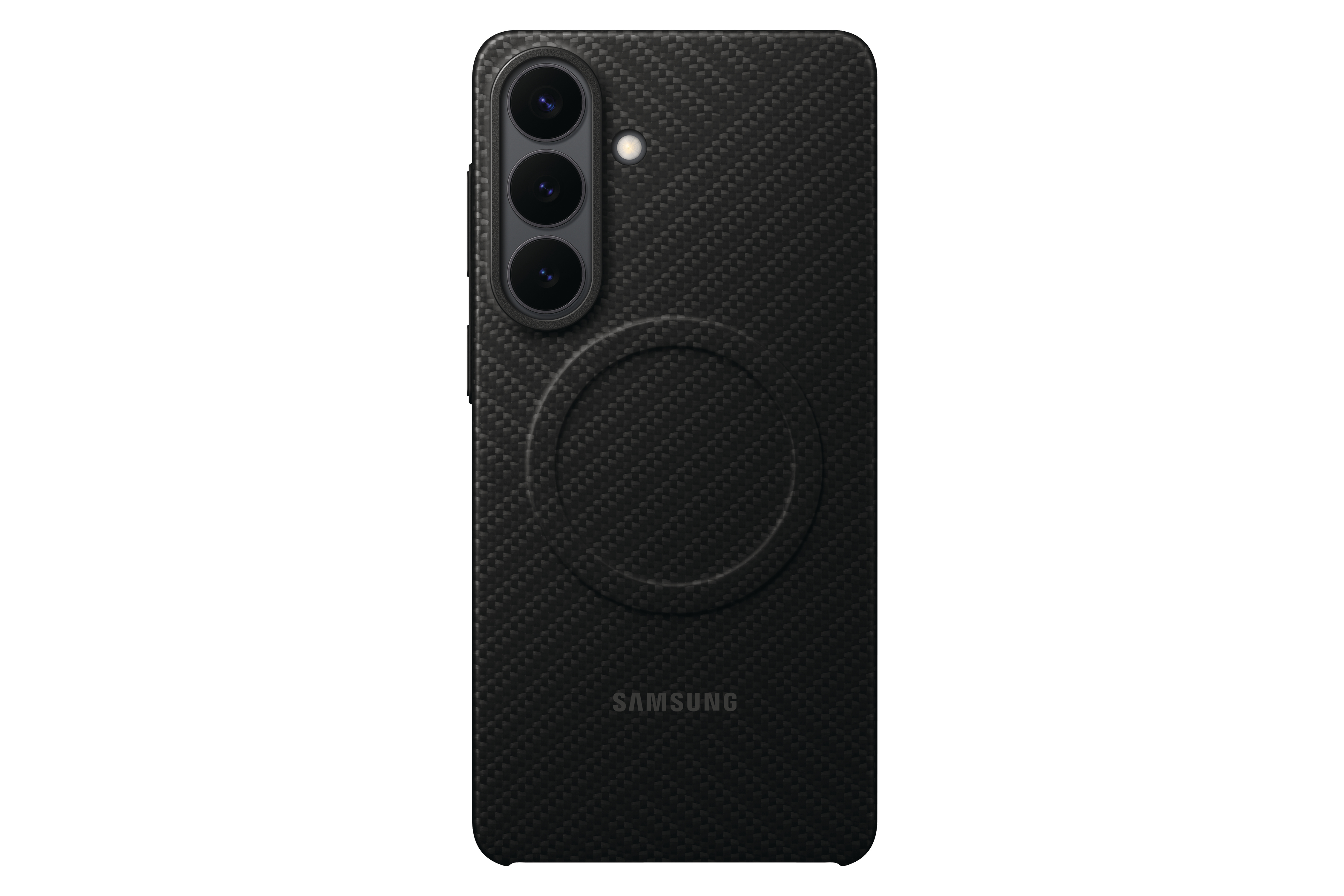 Schwarzes Handycover mit Carbon-Textur, drei Kameras und Samsung-Logo.