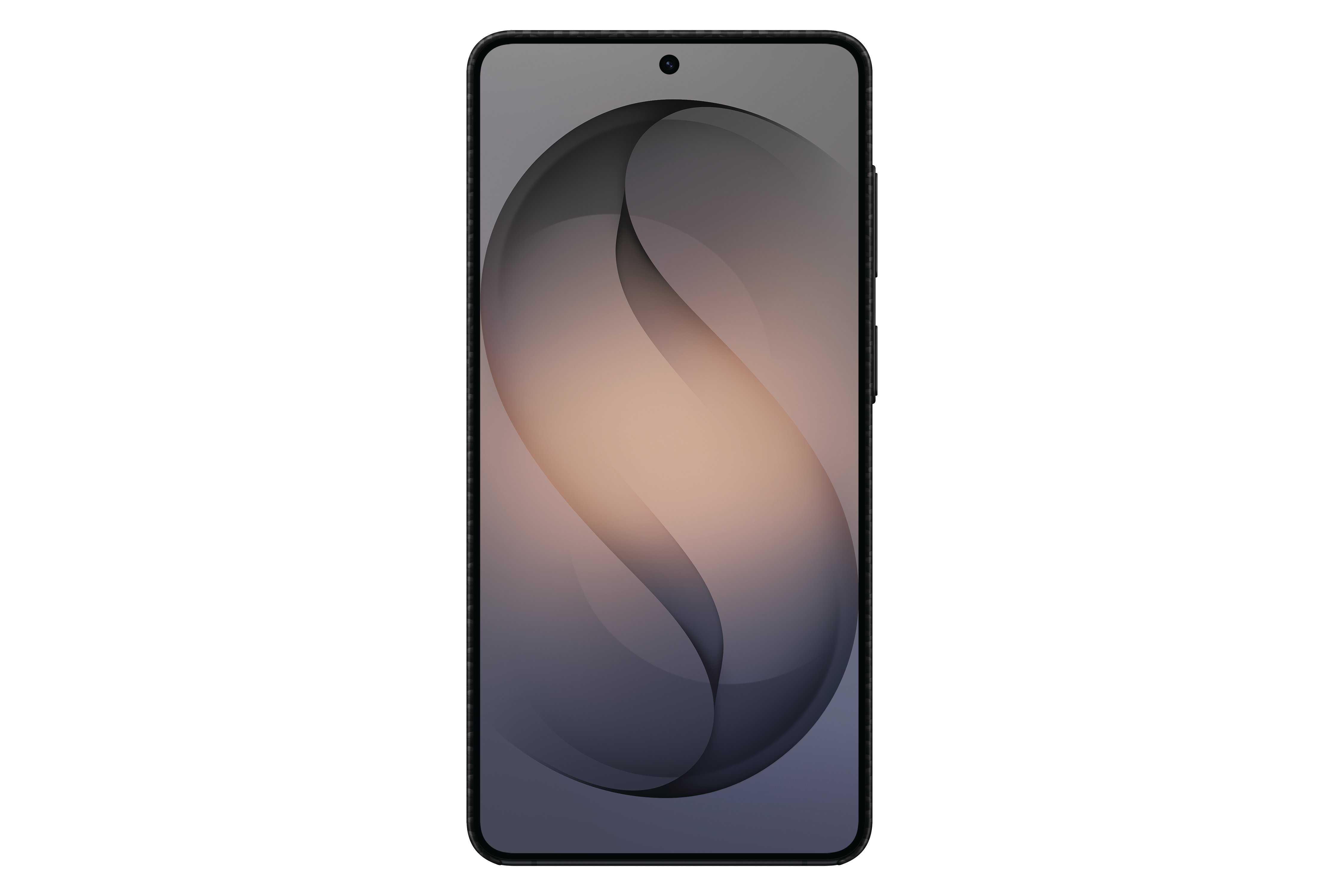 Ein schwarzes Smartphone mit einer abstrakten Tapete in Grau- und Beigetönen.