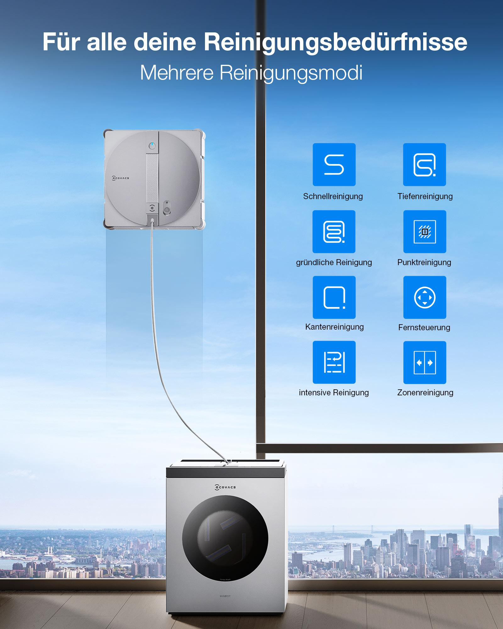 Ein Fensterreinigungsroboter und seine Ladestation stehen vor einem Stadtpanorama.