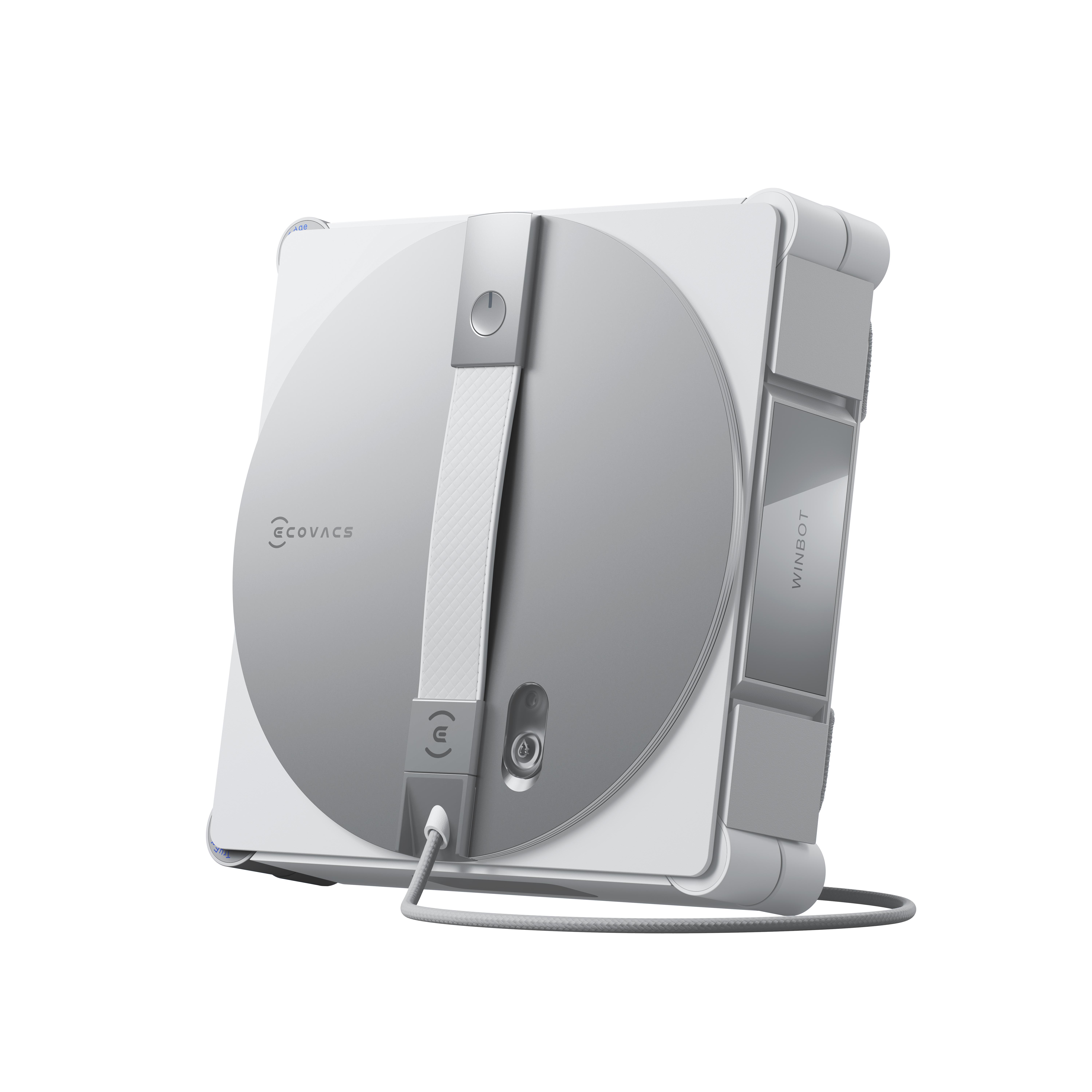 Ein weißer Roboterfensterreiniger mit ECOVACS-Logo und einem Kabel.