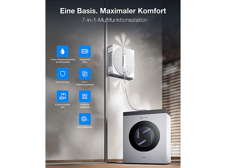 Ecovacs W3 OMNI Fensterreinigungsroboter mit Selbstreinigender Station (Grau, Laufzeit: bis 130 min, Absturzsicherheitsmechanismus, WIN-SLAM 5.0) — Foto 4 von 5