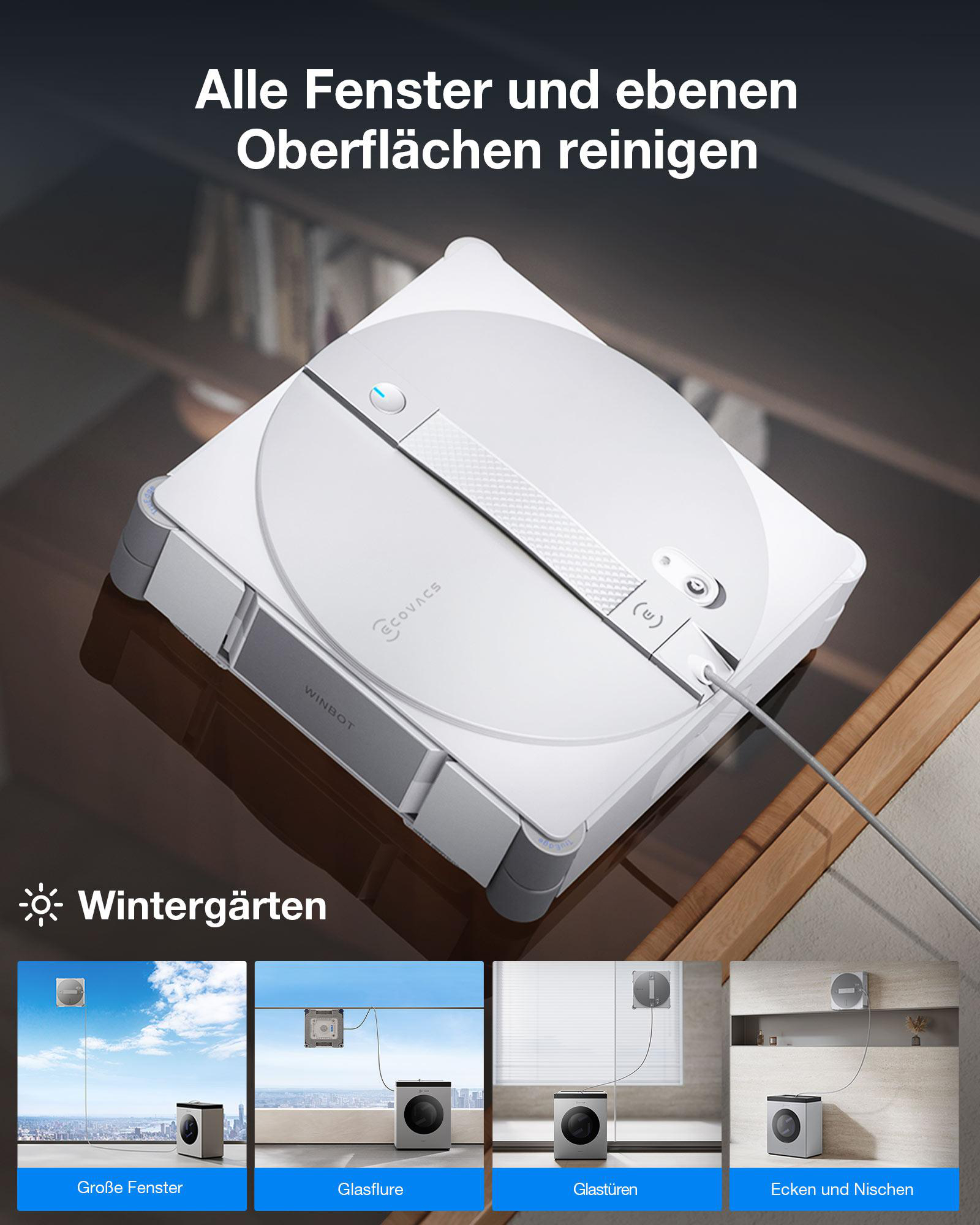 Ein weißer Fensterreinigungsroboter namens WINBOT von ECOVACS.