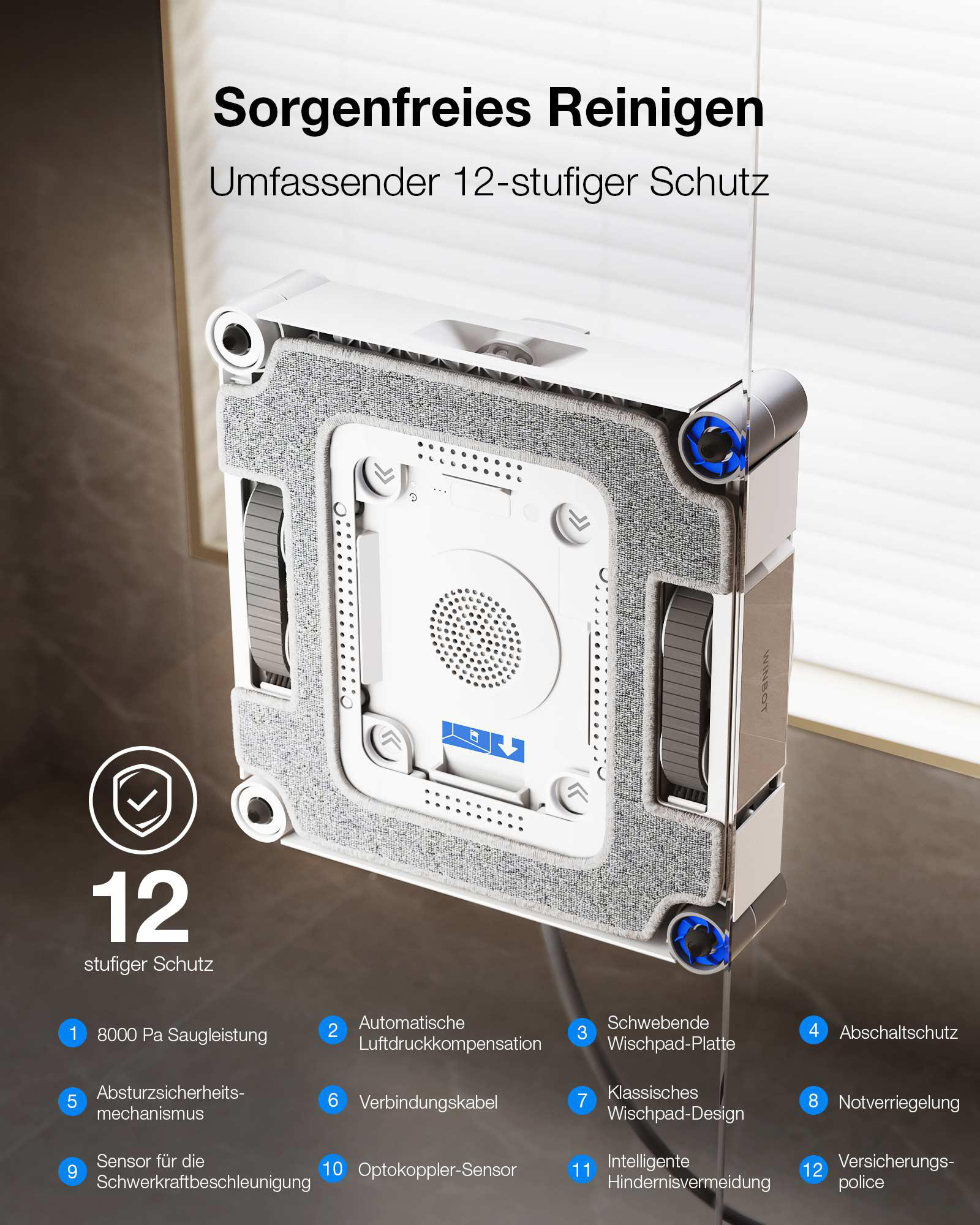 Ein weißer Roboter reinigt ein Fenster mit einem grauen Tuch und blauen Lüftern.