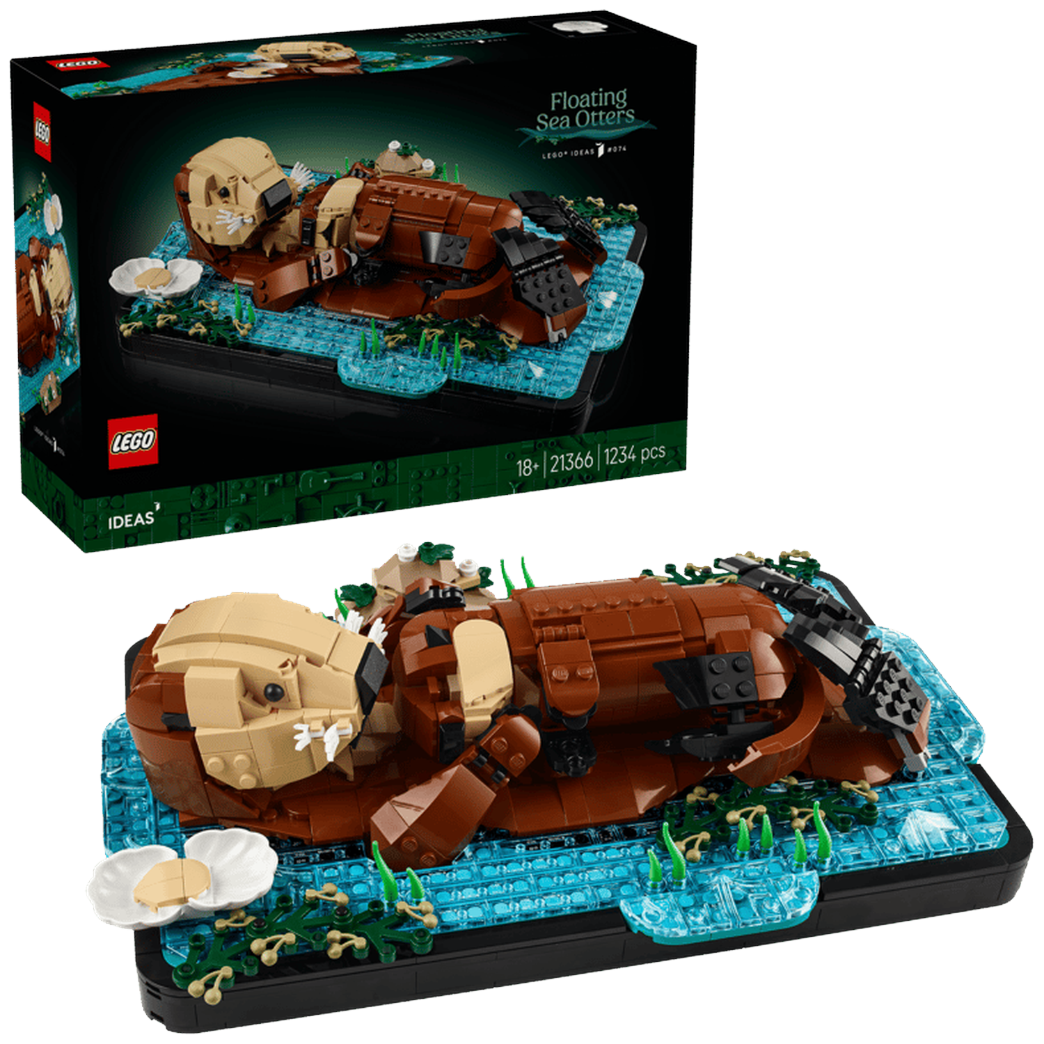 Lego floating sea otters display with two otters and a shell on blue water.