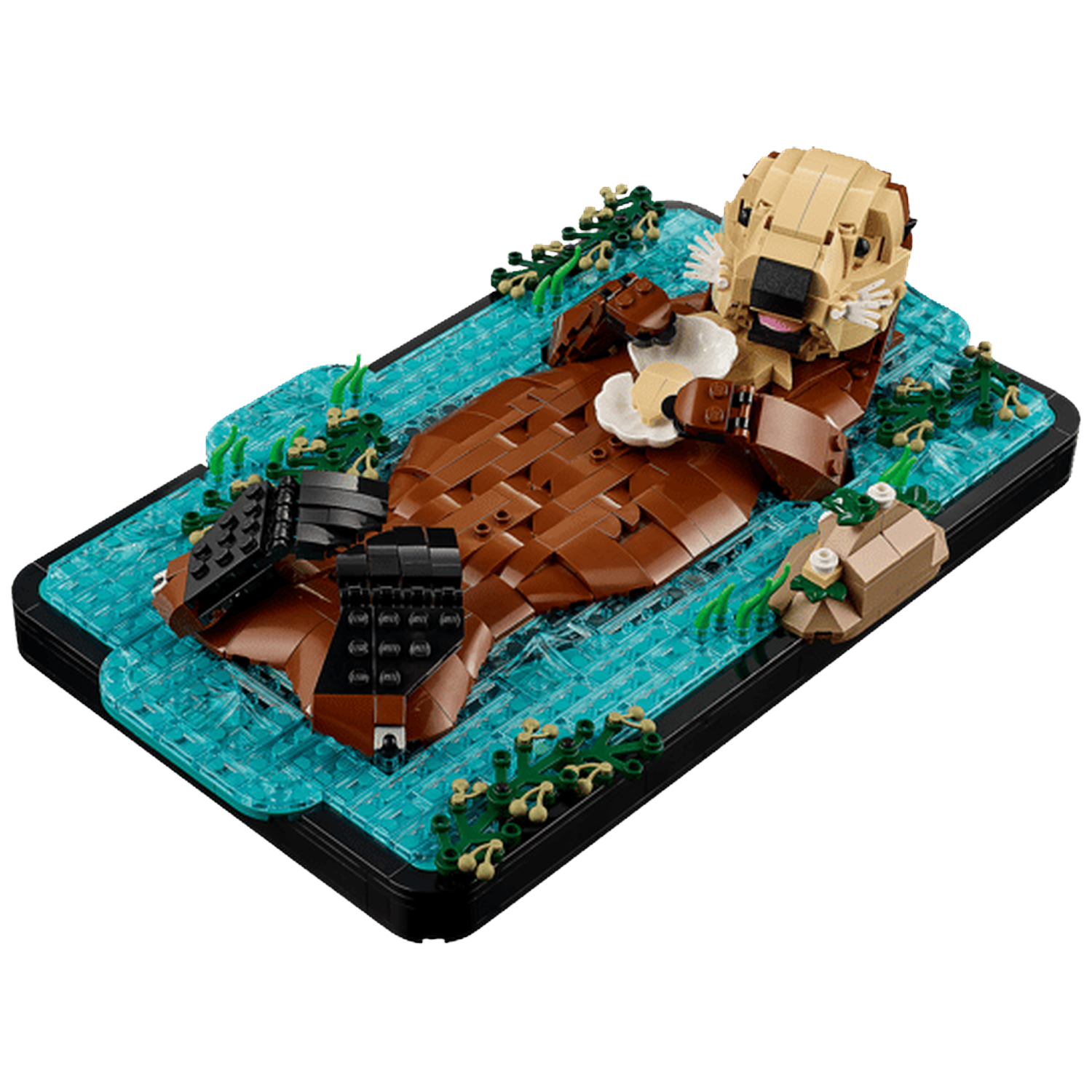 A Lego sea otter floats on its back in water, holding a shell.