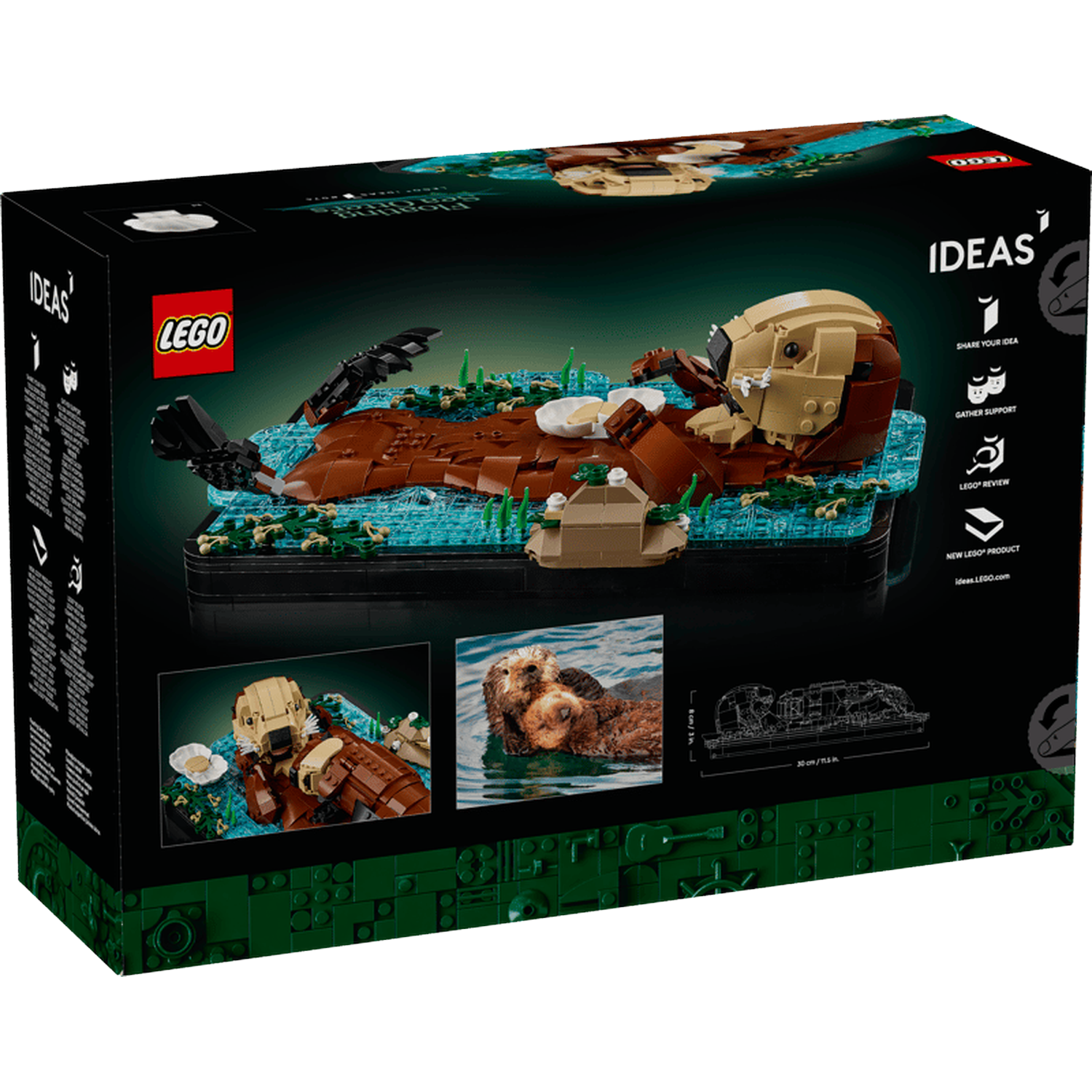 LEGO otter model on a base with water and plants.