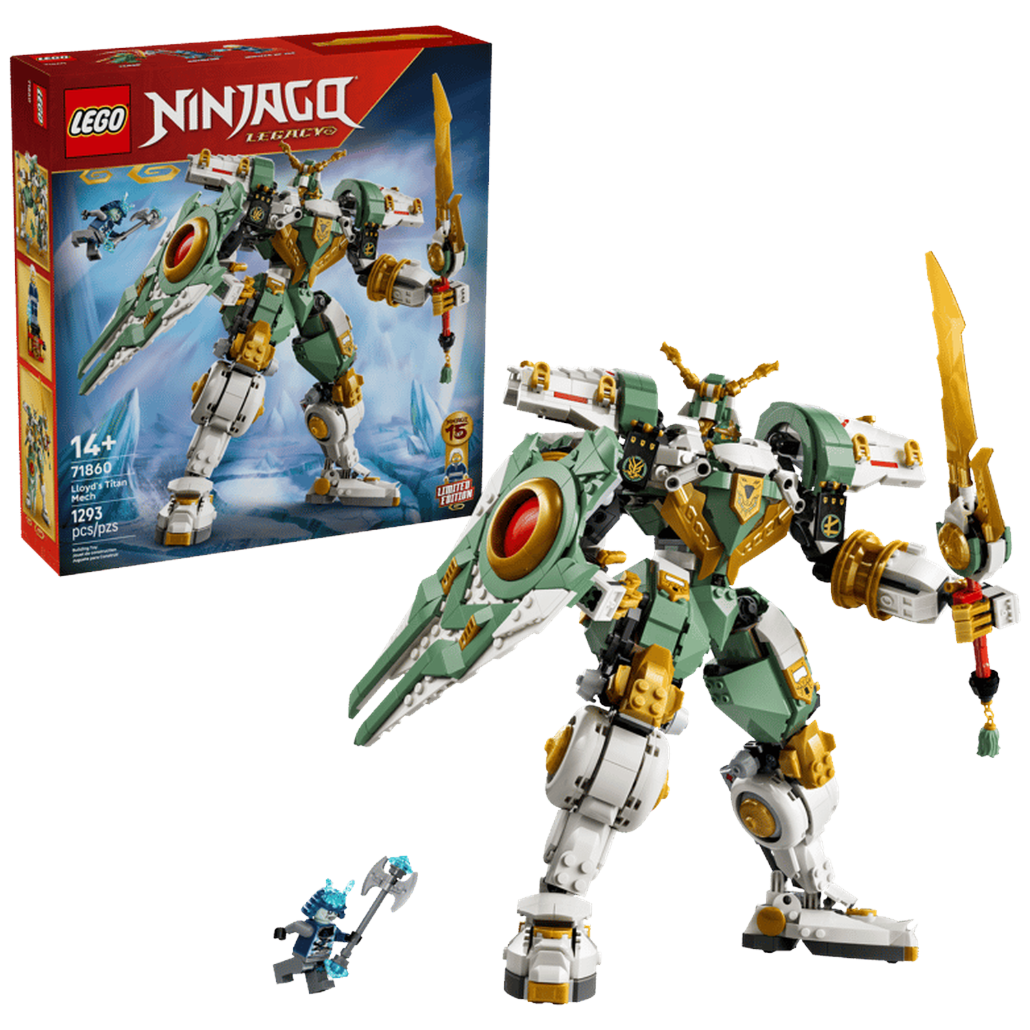 Een groene en witte mech met gouden accenten, die een zwaard en schild vasthoudt.