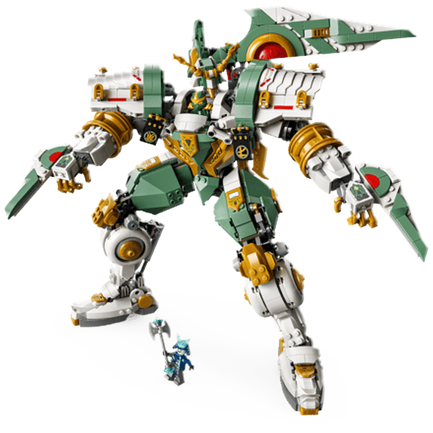 Een groene en witte Lego mech met gouden accenten en een kleine blauwe figuur.