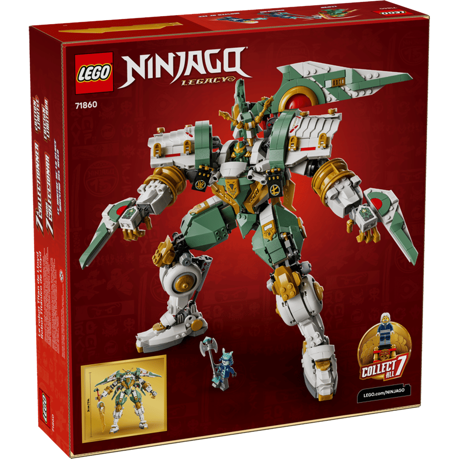 LEGO Ninjago Lloyd's Titan Mech, groen, wit, goud.