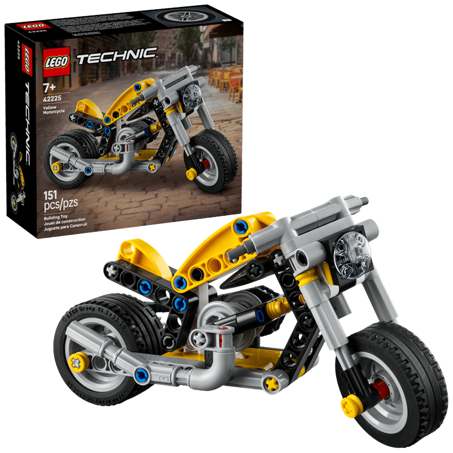 Een geel LEGO Technic motorfietsmodel met gedetailleerde constructie.