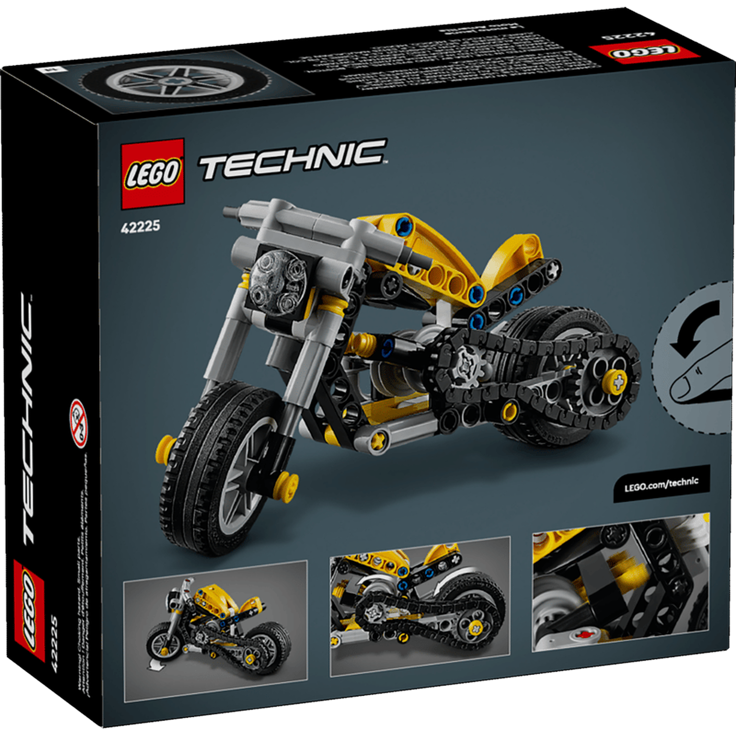 LEGO Technic motorbouwset met gele accenten en zichtbare tandwielen.