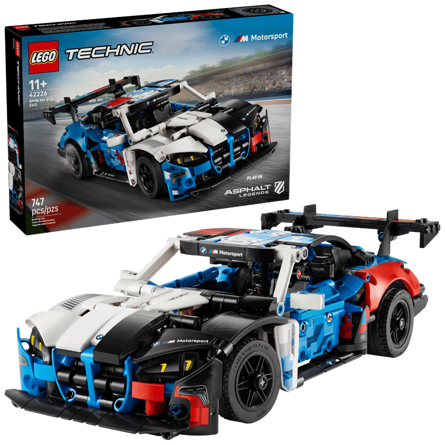 LEGO Technic BMW M4 GT3 EVO race car model with blue, white, black, and red accents.